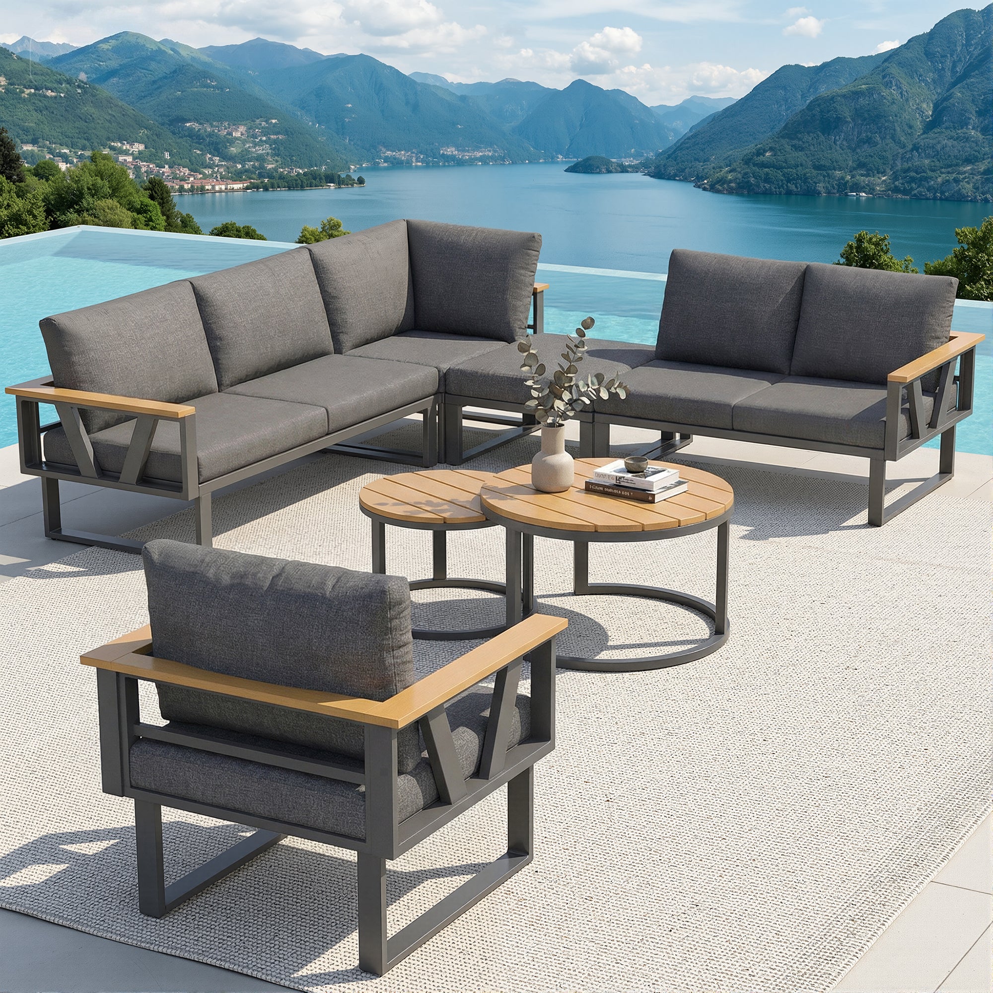 Modular Outdoor Sofa Set with Nesting Tables, Sturdy Metal Frame, Washable Cushions, for Patio & Garden
