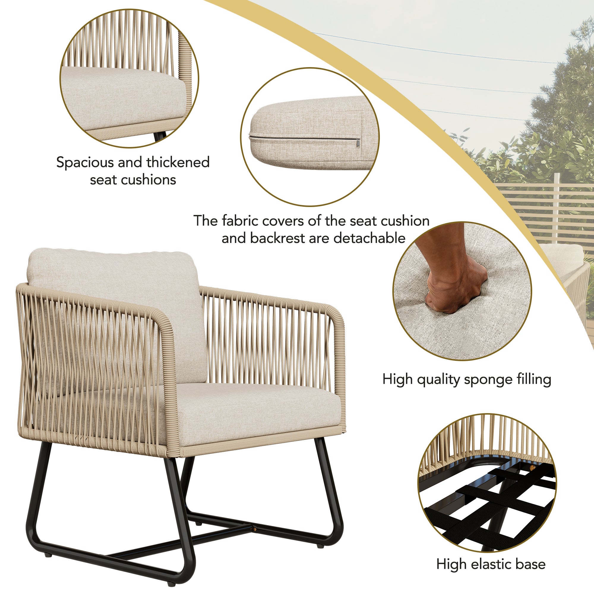 Outdoor Patio&Backyard Furniture Garden Lounge Set, Thick Quality Space Saving Sofas with Glass Coffee Table, Beige