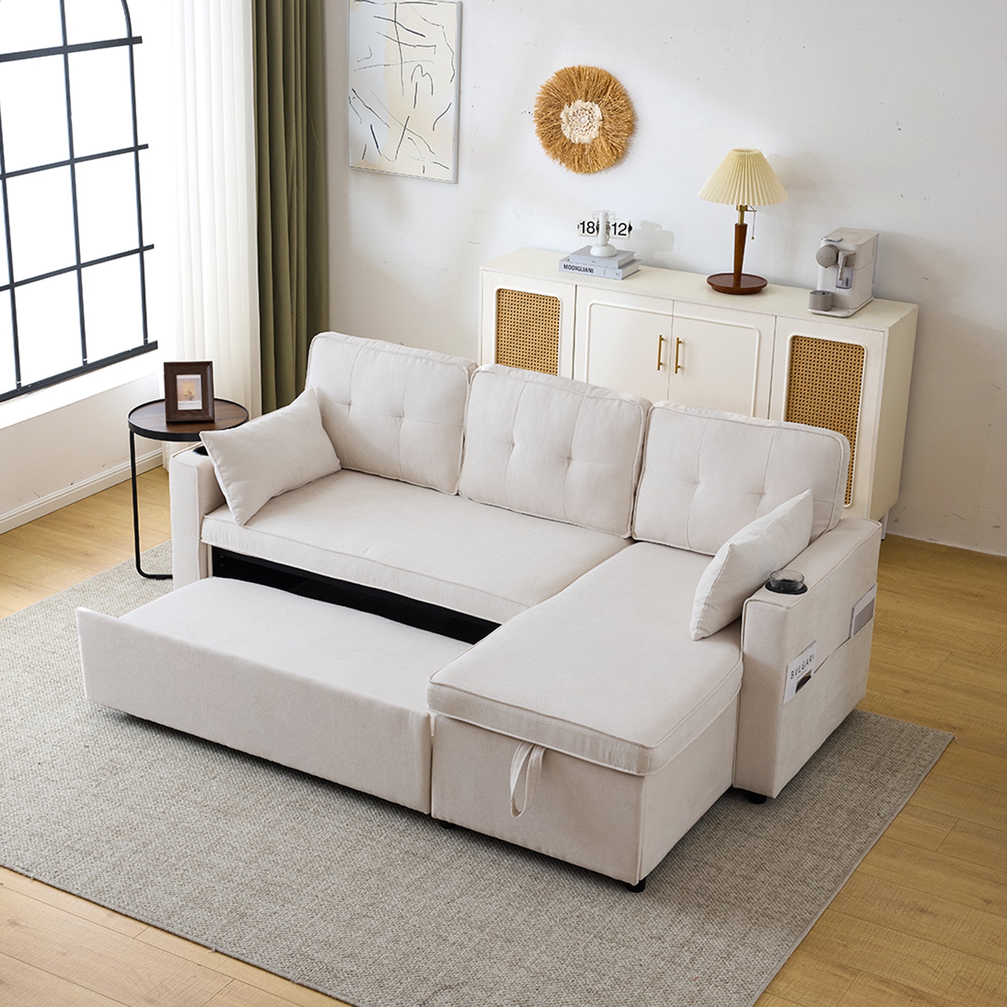 3-in-1 Convertible Sofa Bed with Internal Storage Chaise, L Shaped Sleeper Sofa Couches with Cup Holders, Pillows and Storage Pocket. Pullout Sectional Daybed for Living Room/Bedroom/Office, Beige