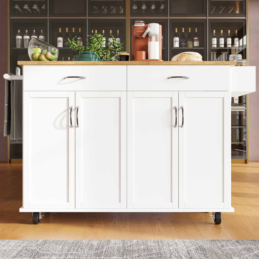 Rolling Kitchen Island Storage Trolley with Large Cabinet, 2 Drawers, Adjustable Shelf, Spice&Towel Rack, Sideboard Cupboard Cabinet Cart, Dining Room Organiser , White