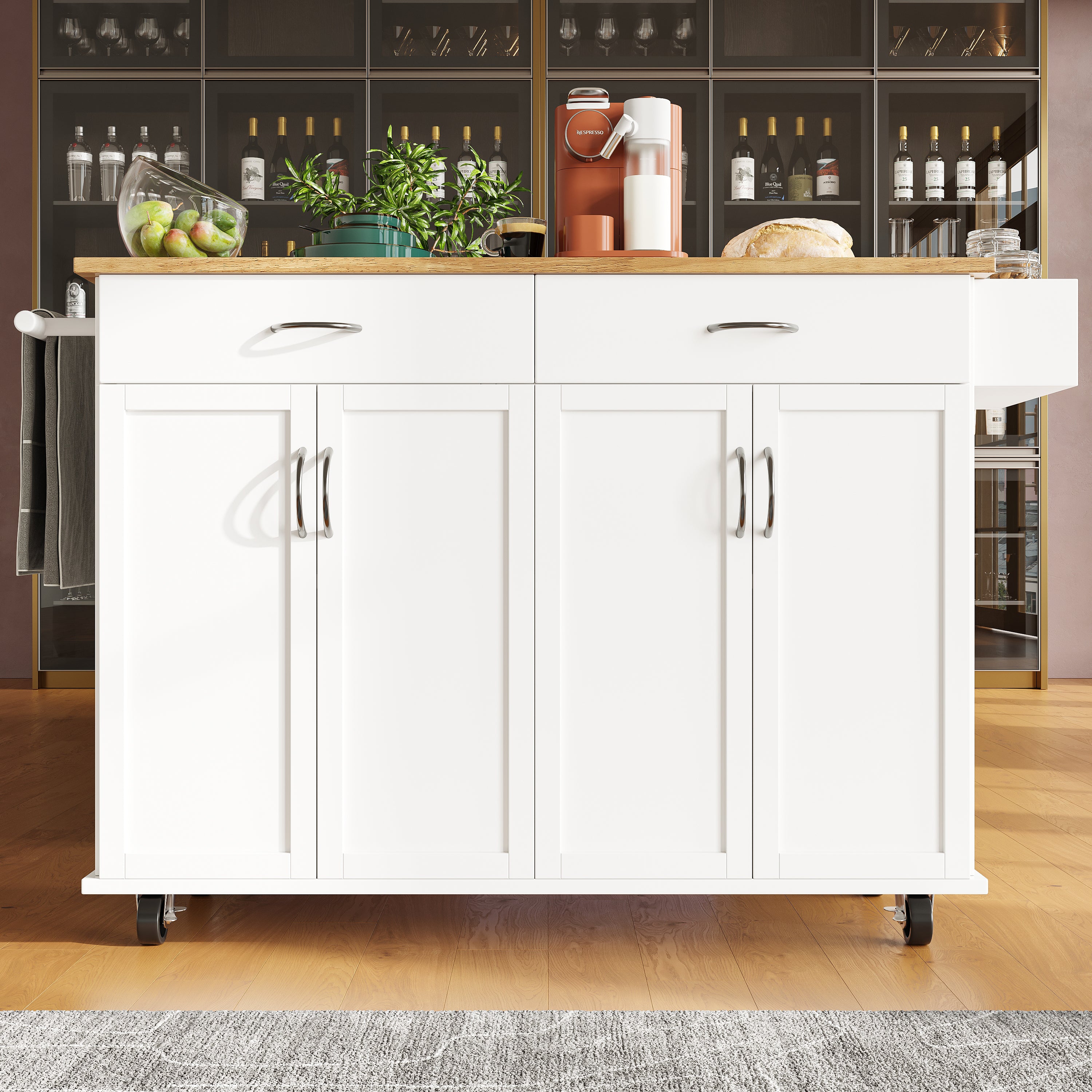 Rolling Kitchen Island Storage Trolley with Large Cabinet, 2 Drawers, Adjustable Shelf, Spice&Towel Rack, Sideboard Cupboard Cabinet Cart, Dining Room Organiser , White