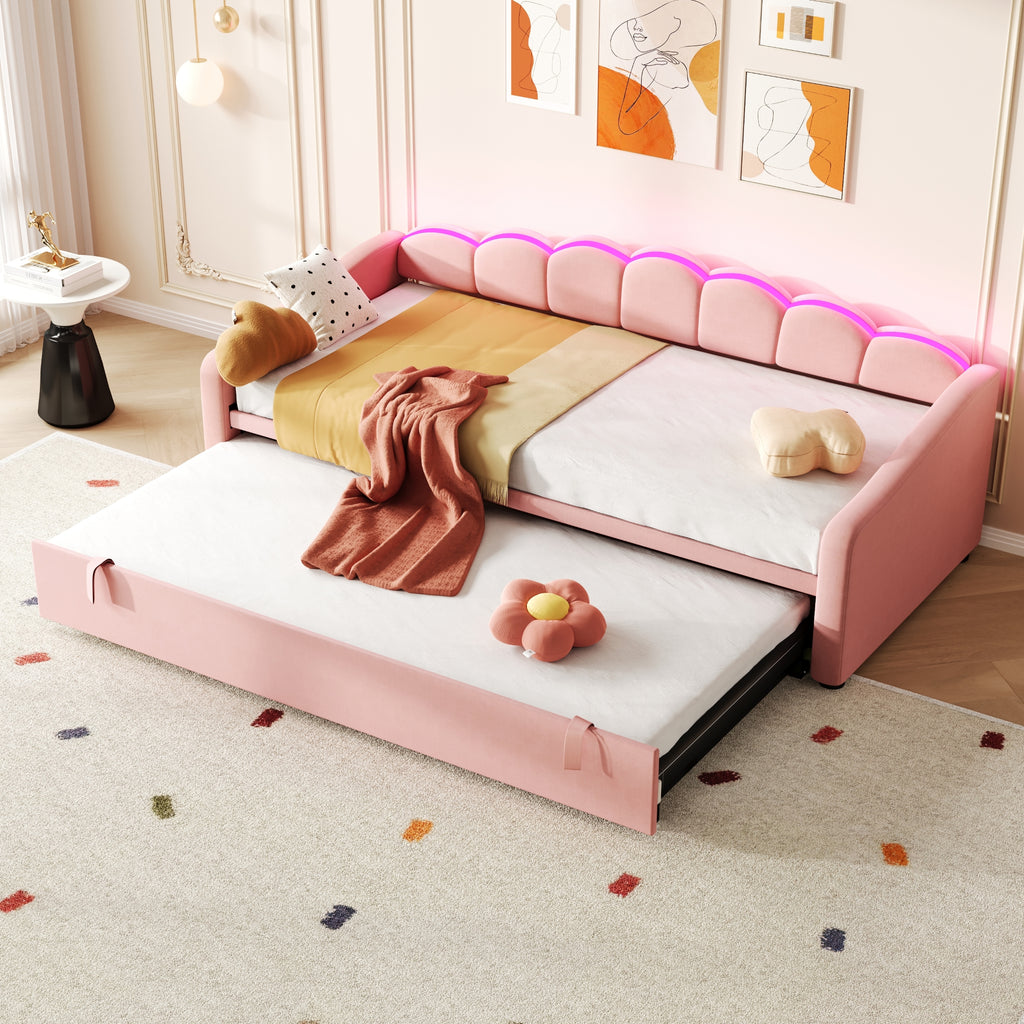 Upholstered Bed 90x190cm, Daybed, Sofa Bed with RGB LED Lighting, 3ft Petal Shape Single Bed with Trundle,Pull out Trundle Bed for Living Room/ Bedroom/ Study Room, Velvet, Pink (No Mattress)