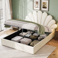 4ft6 Double Upholstered Hydraulic Bed with Adjustable Chic Petal Headboard, Soft Velvet Bed Frame with Hydraulic Storage, Petal Bed with Solid Wood Slat, No Box Spring Needed, Beige (No Mattress)