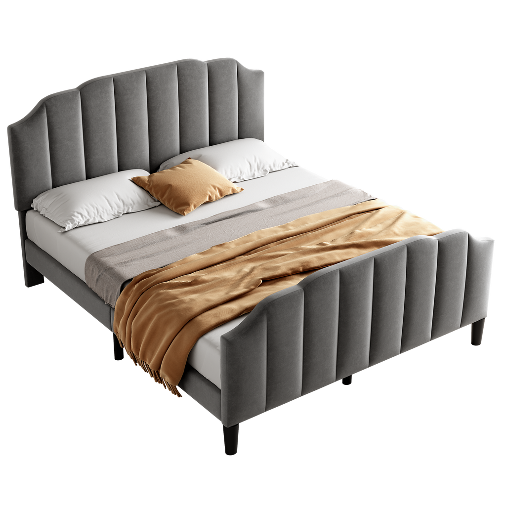 4ft6 Double Upholstered Bed Frame with Adjustable Chic Channel-Tufted Headboard, Velvet Platform Bed Frame with Solid Wood Slat and Mute Foam, No Box Spring Needed, Easy Assembly, Grey (No Mattress)