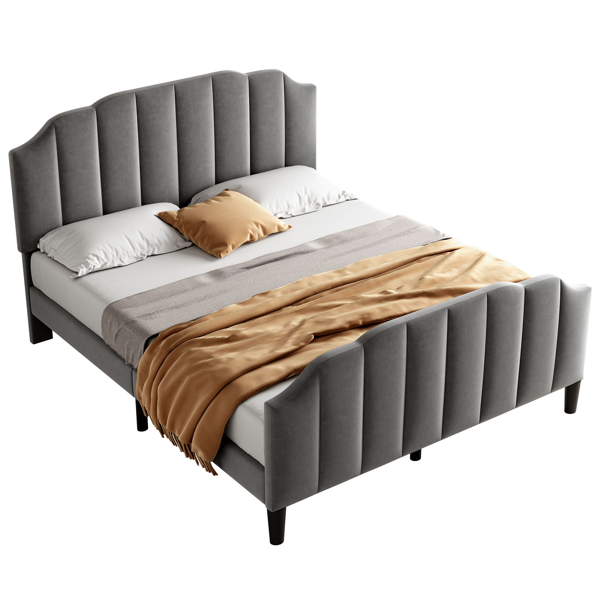 4ft6 Double Upholstered Bed Frame with Adjustable Chic Channel-Tufted Headboard, Velvet Platform Bed Frame with Solid Wood Slat and Mute Foam, No Box Spring Needed, Easy Assembly, Grey (No Mattress)