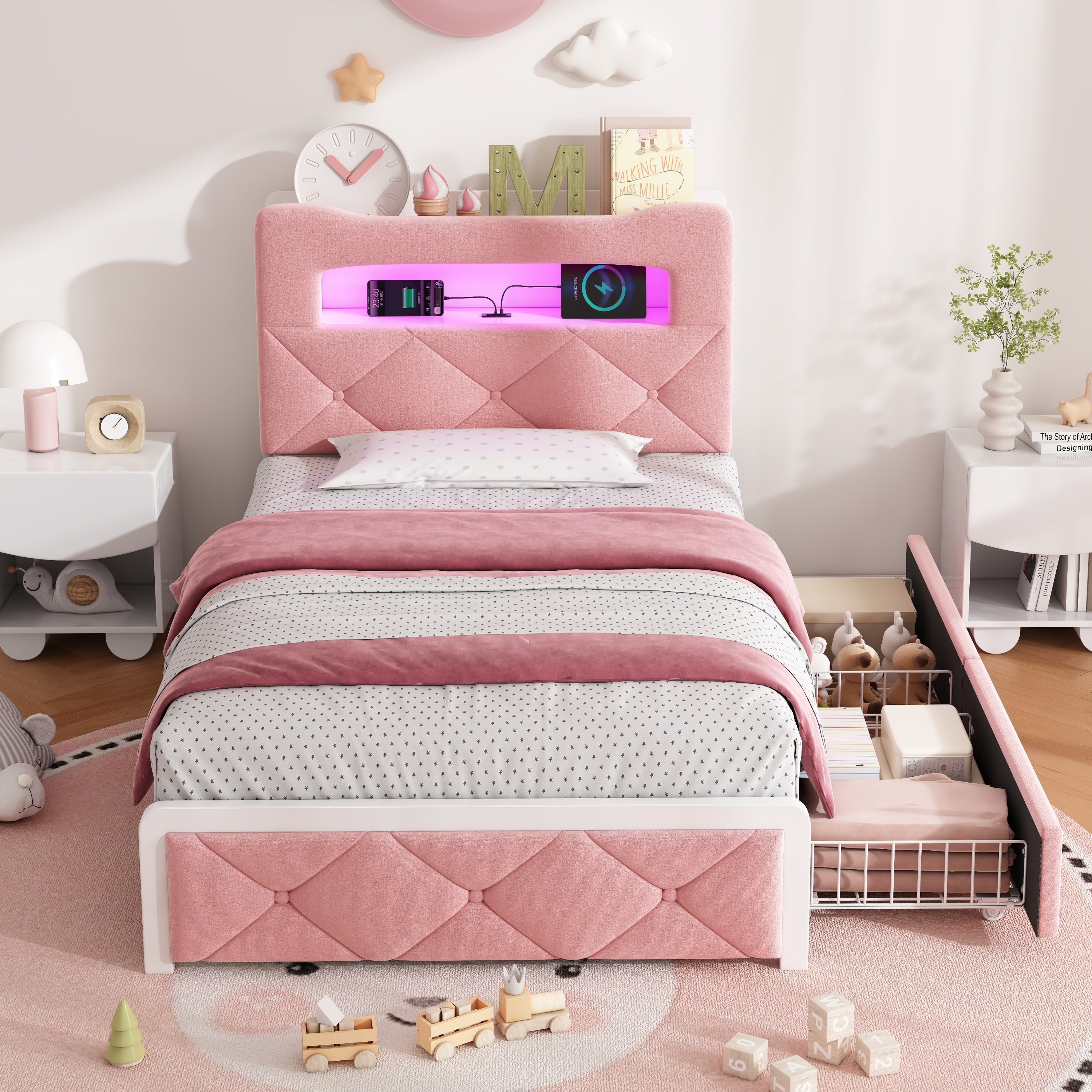3ft Single Upholstered Bed with LED Button Tufted Bedside Storage Headboard, Velvet Bed Frame with 2 Storage Drawers, USB and Type - C Ports, No Box Spring Needed, Easy Assembly, Pink (No Mattress)