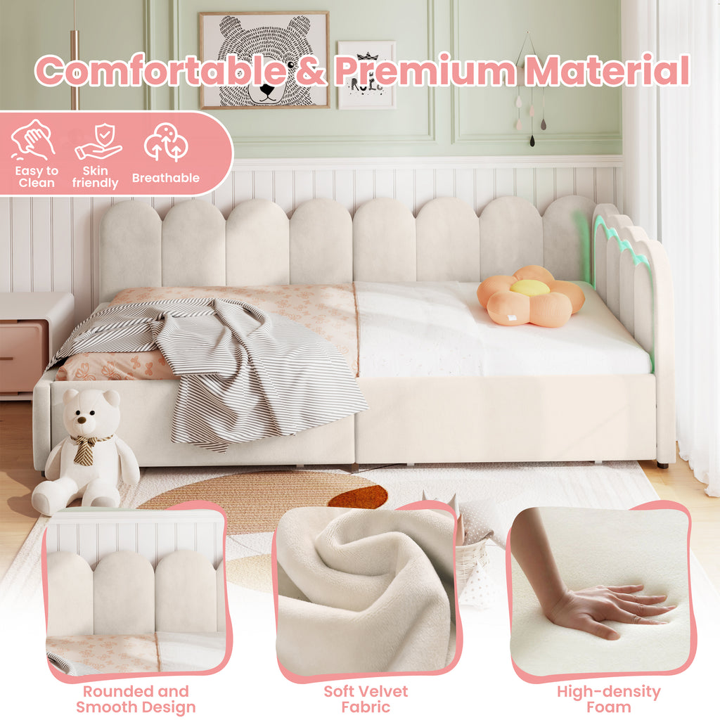 3ft Single Daybed with Smart RGB LED Lights and 2 Storage Drawers, Modern Velvet Youth Bed with Scalloped Backrest and Wooden Slats, Reversible Side Panel, Easy Assembly, Beige (No Mattress)