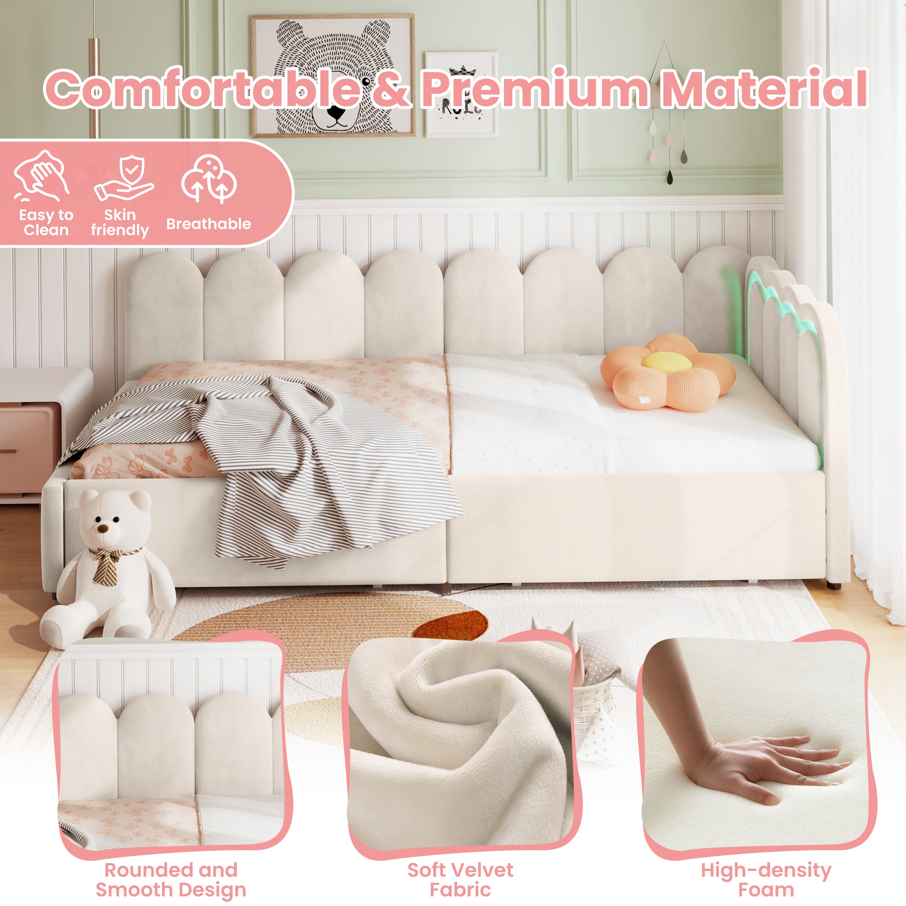 3ft Single Daybed with Smart RGB LED Lights and 2 Storage Drawers, Modern Velvet Youth Bed with Scalloped Backrest and Wooden Slats, Reversible Side Panel, Easy Assembly, Beige (No Mattress)