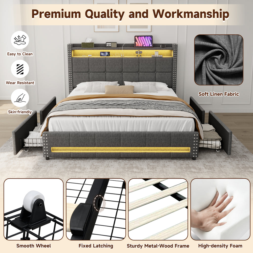 4ft6 Double Upholstered Bed with 4 Storage Drawers, LED Rivet  Storage Bed with Charging Station, Button Tufted Headboard with USB and Type-C Ports, Linen, Grey (No Mattress)