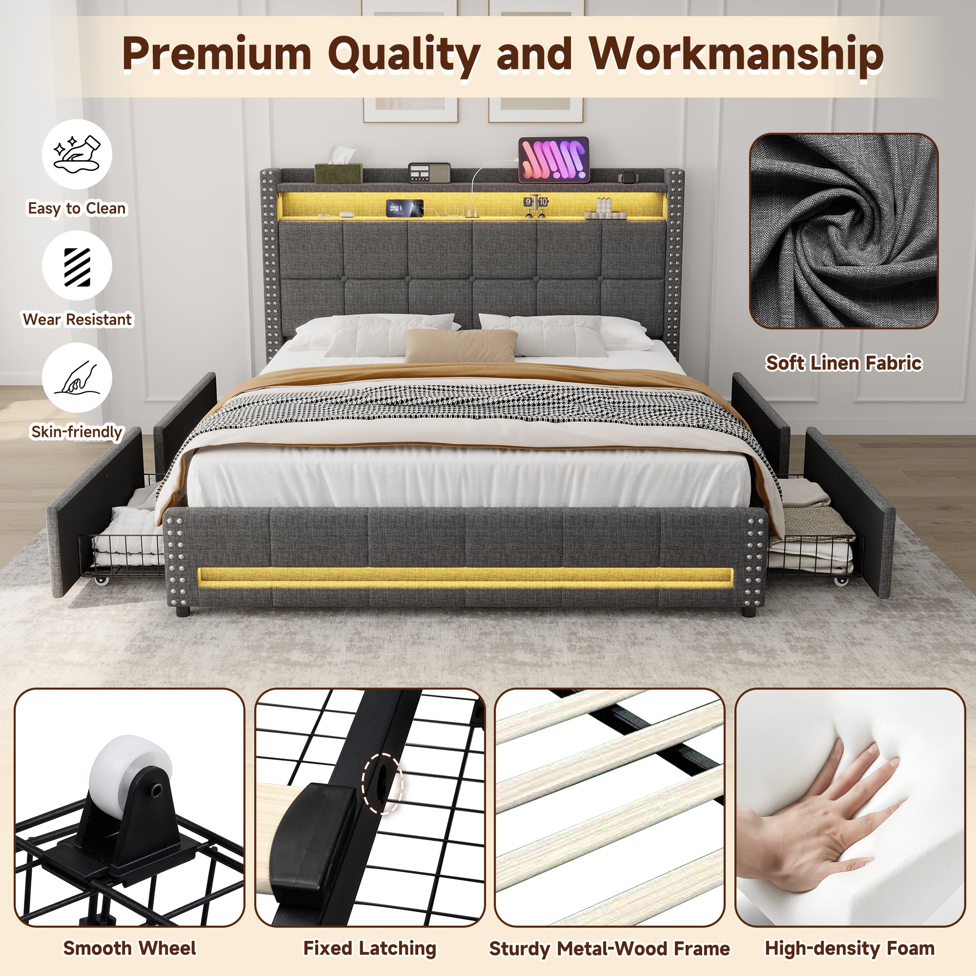 4ft6 Double Upholstered Bed with 4 Storage Drawers, LED Rivet  Storage Bed with Charging Station, Button Tufted Headboard with USB and Type-C Ports, Linen, Grey (No Mattress)