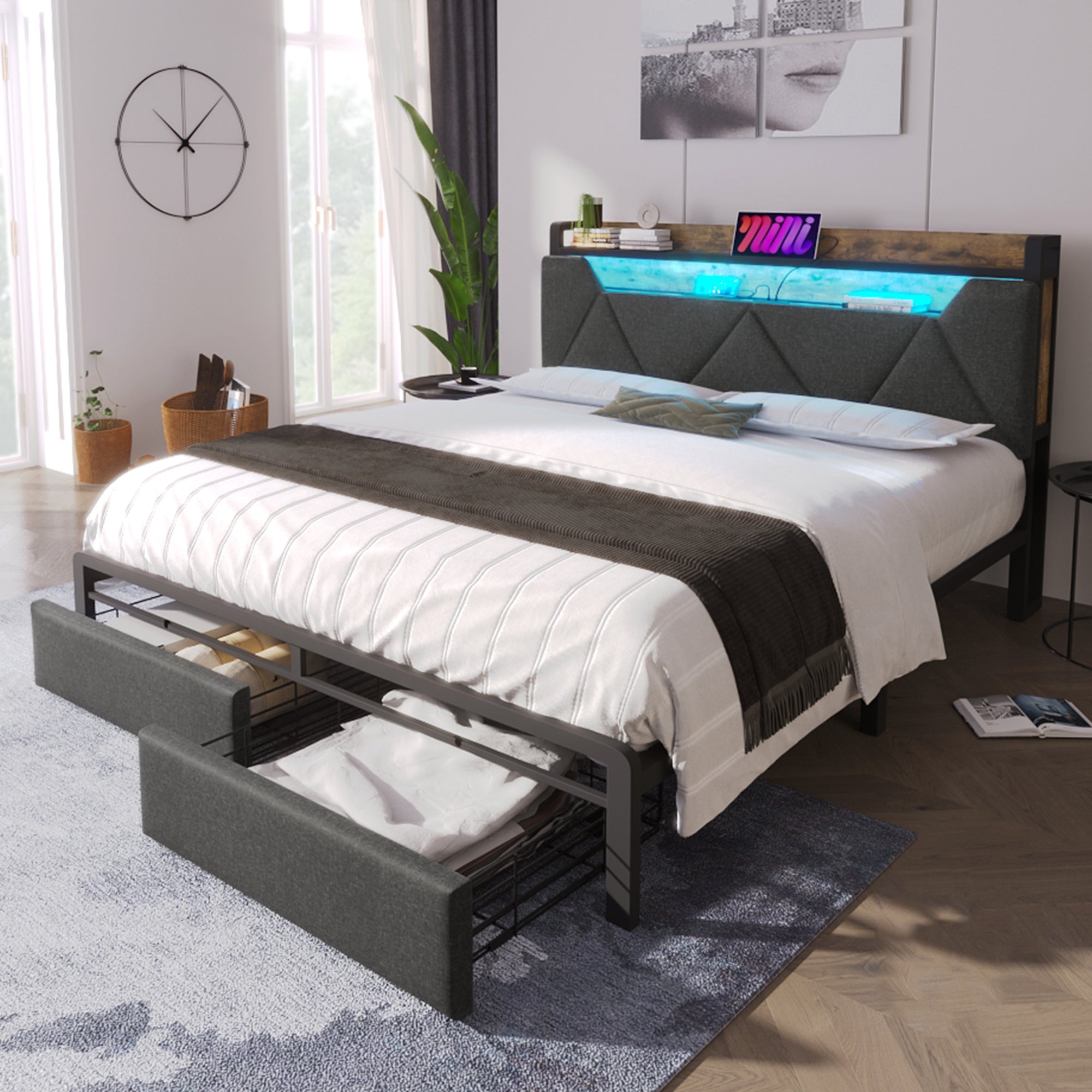 Upholstered Double Bed with LED Lighting, USB Type-C Charging Function, Storage Headboard and Drawers, 4ft6 Double Bed 135 x 190 cm, Storage Bed Frame with Metal Slatted Frame,Linen, Grey(No Mattress)