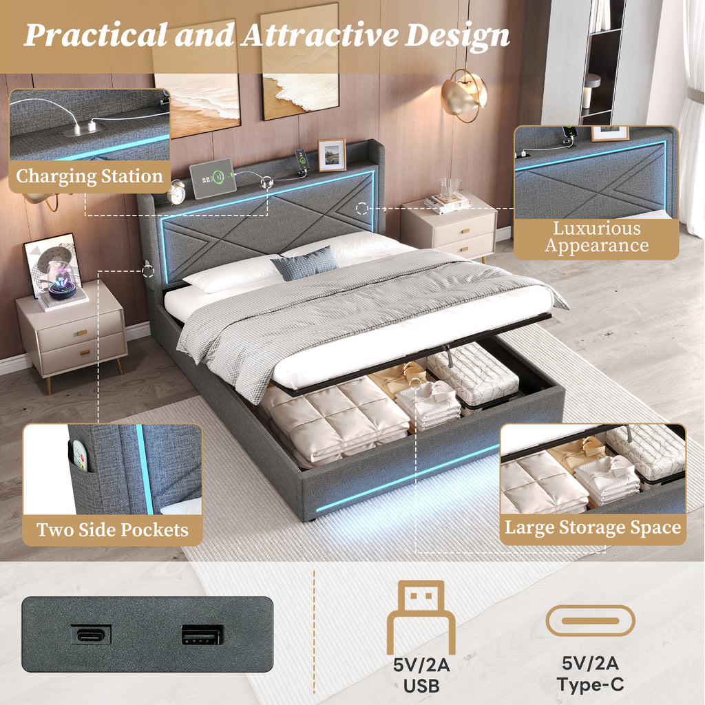 4ft6 Double Upholstered Bed Frame with Hydraulic Storage,  Linen Ottoman Bed with LED Lighting and Charging Station, USB and Type - C Ports, No Box Spring Needed, Grey (No Mattress)