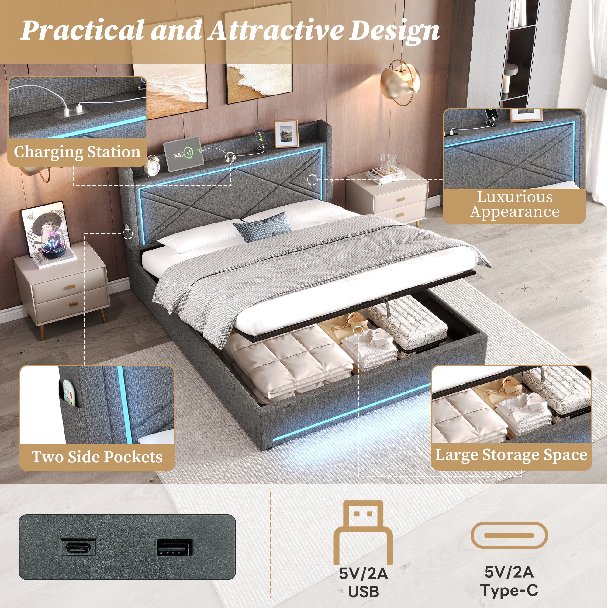 5ft King Upholstered Bed Frame with Hydraulic Storage,  Linen Ottoman Bed with LED Lighting and Charging Station, USB and Type - C Ports, No Box Spring Needed, Grey (No Mattress)