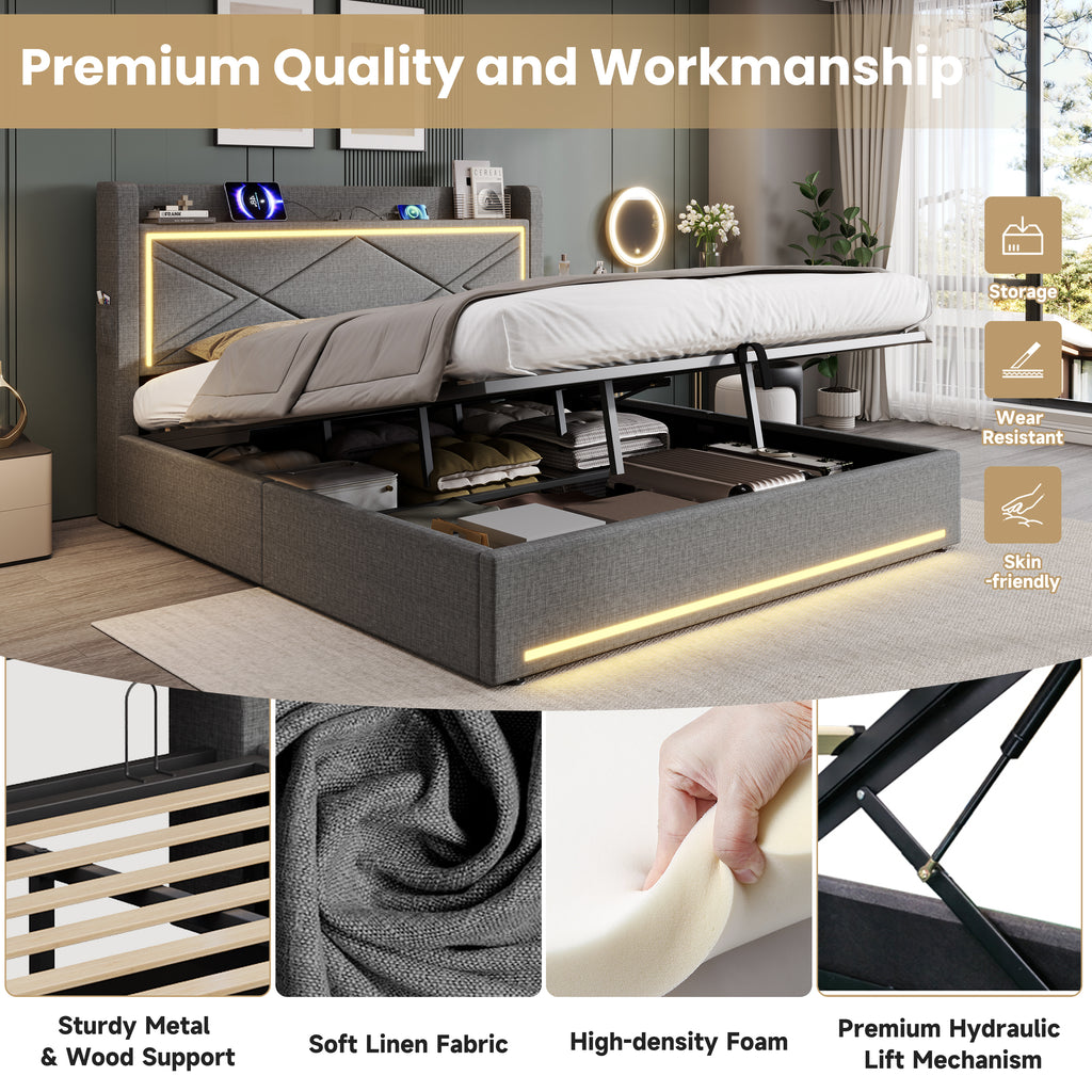 6ft Super King Upholstered Bed Frame with Hydraulic Storage,  Linen Ottoman Bed with LED Lighting and Charging Station, USB and Type - C Ports, No Box Spring Needed, Grey (No Mattress)