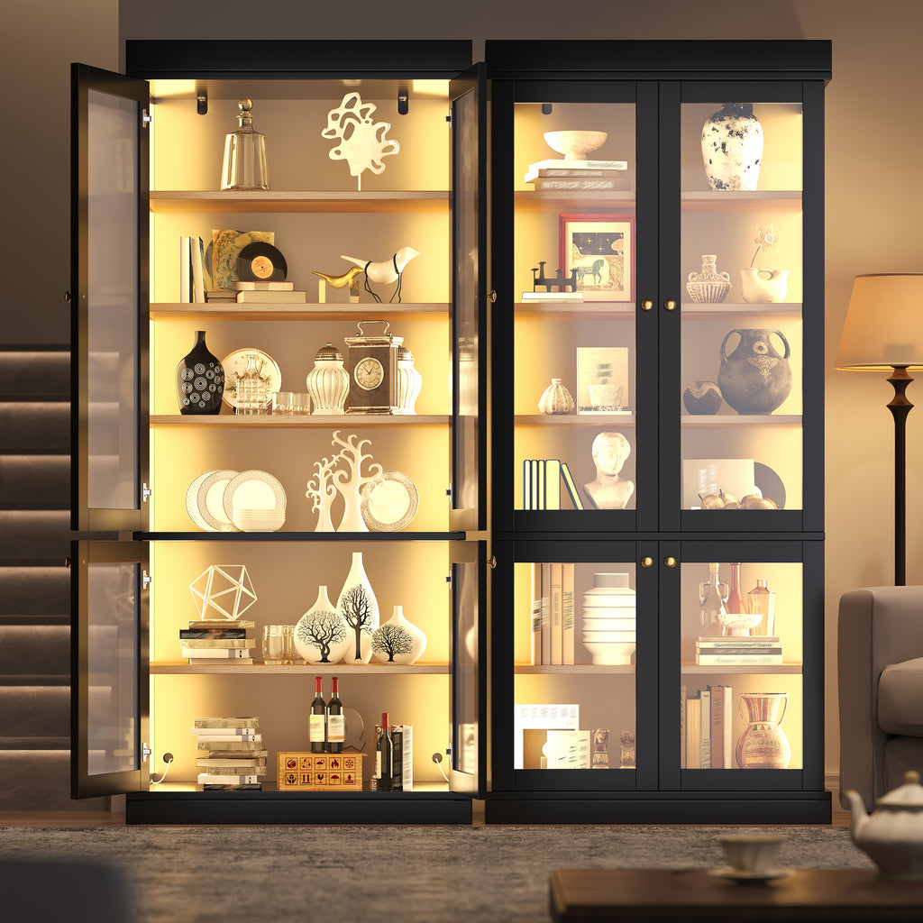 Modern freestanding cabinet with integrated LED mood lighting, glass display case, well-designed interior layout and anti-tip protection; stable, safe and versatile for home use; black