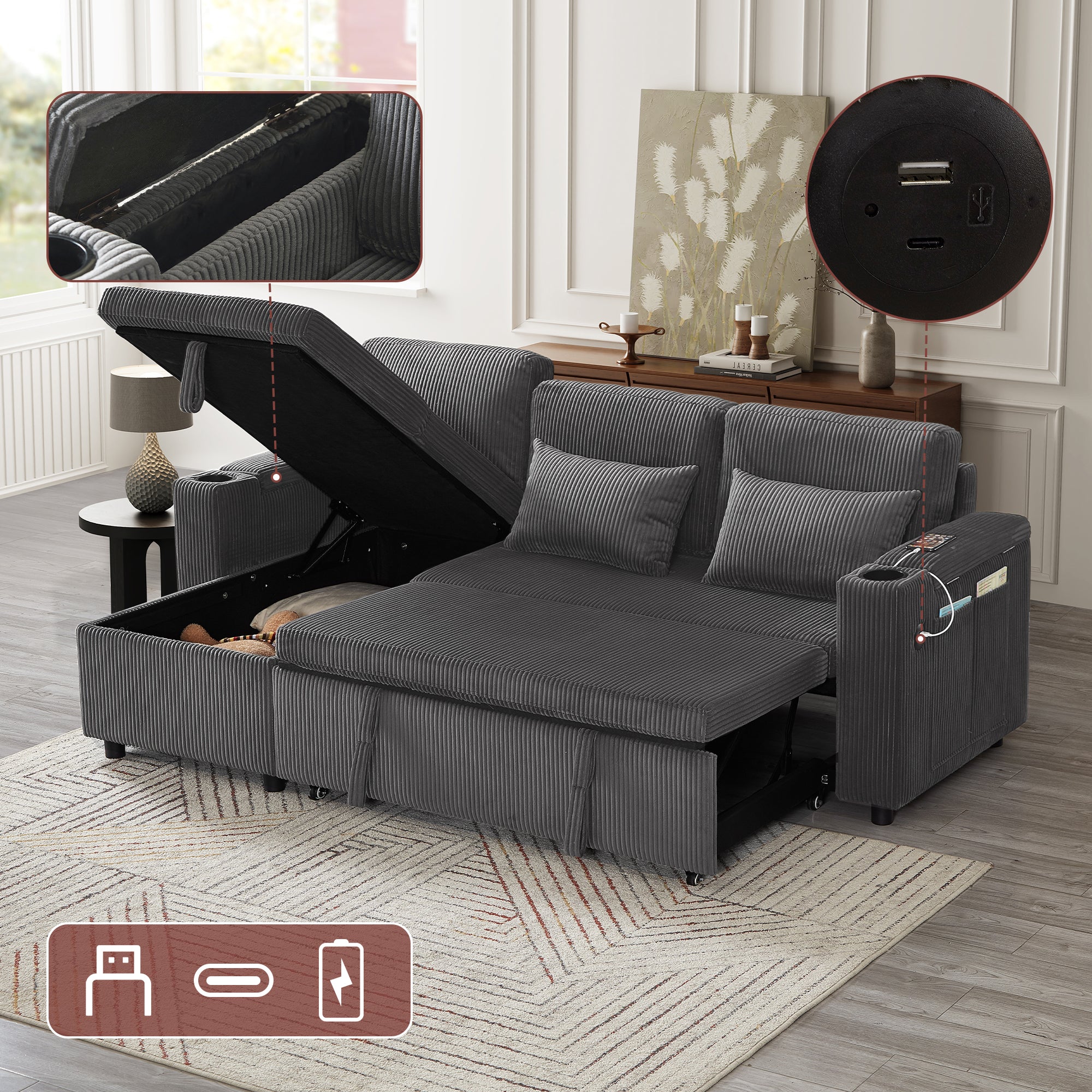 3 in 1 Convertible Corduroy Sofa Bed with Storage Chaise, L Shaped Sleeper Sofa Couches with Armrest Storage and Charging Station. Pullout Sectional Daybed for Living Room/Bedroom/Office, Grey