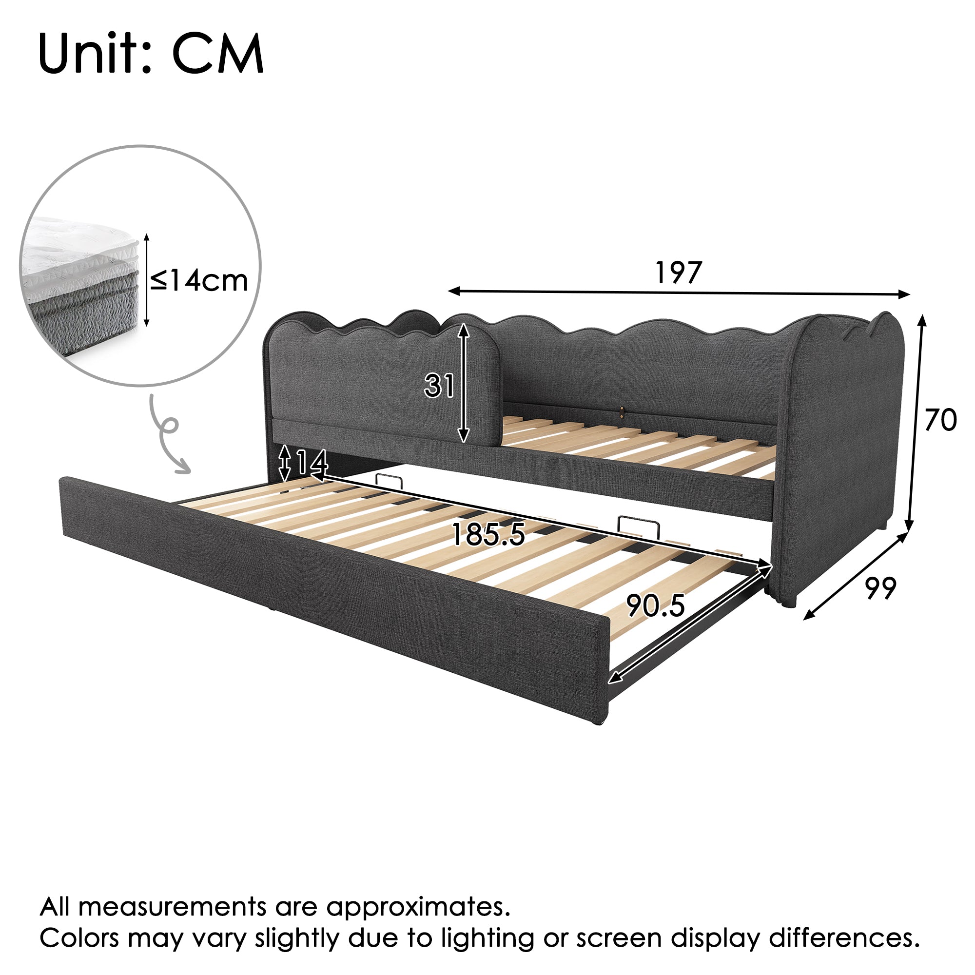 Upholstered Bed Daybed 90 x 190 cm, 3FT Single Bed with Pull out Trundle, Sofa Bed For Adults and Children, Single Daybed With Slatted Frame, Linen, Grey (No Mattress)
