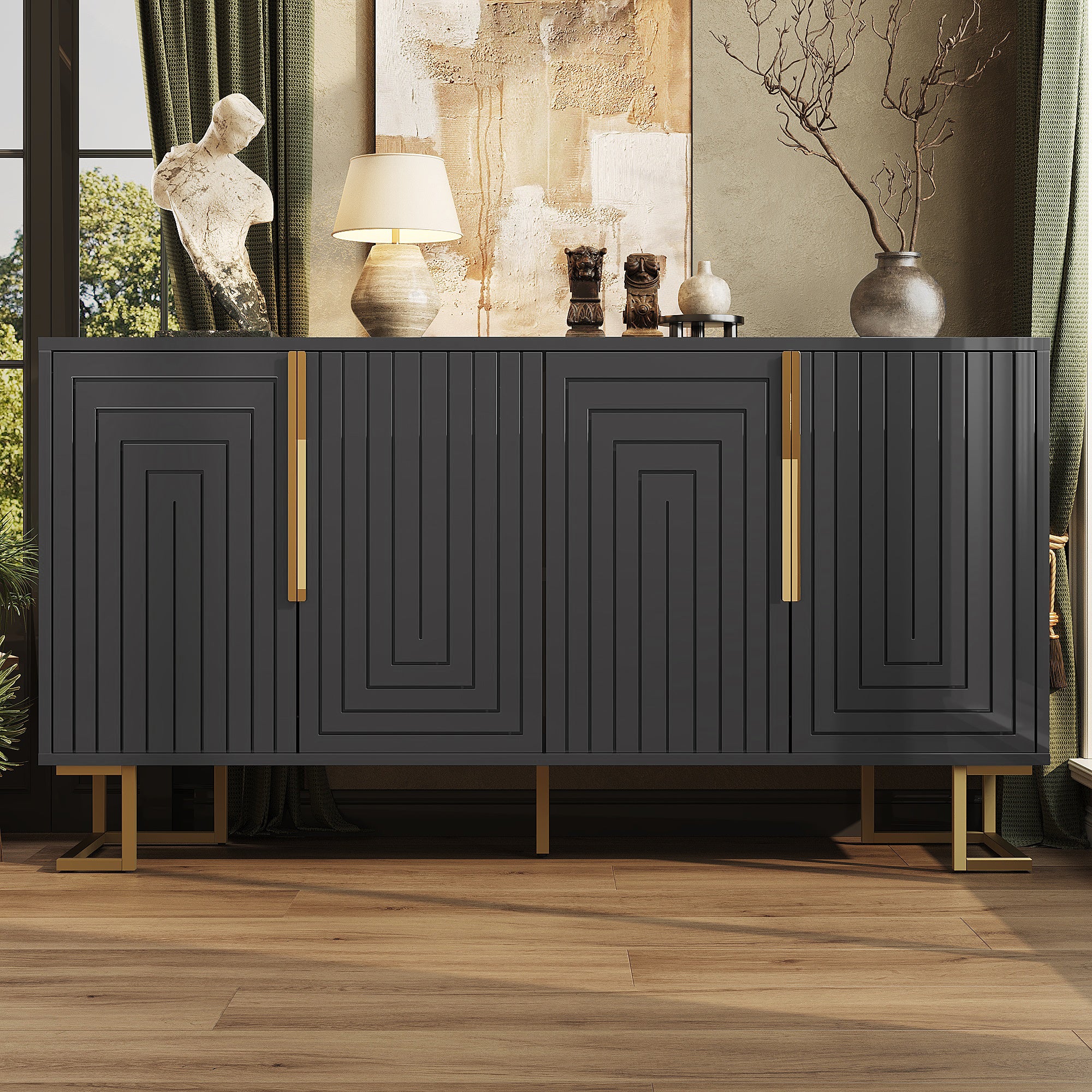 Black sideboard (152 x 40 x 75 cm) features a unique geometric design and gold handles and feet for an elegant feel