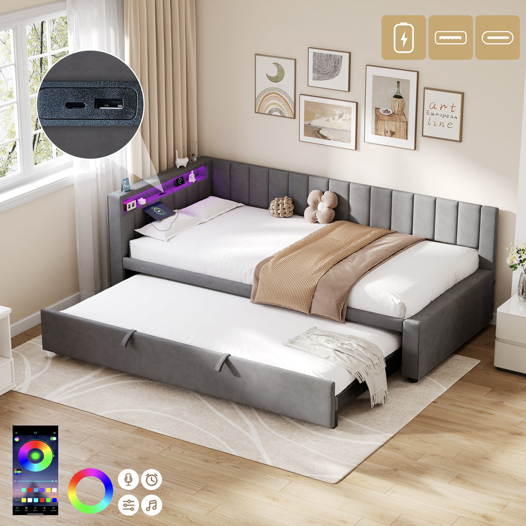 3ft Single Velvet Daybed, Sofa Bed with RGB LED Lights and Charging Station, Upholstered Sofa Bed with Trundle, Pull out Trundle Bed for Living Room, Bedroom or Study, Grey (No Mattress)