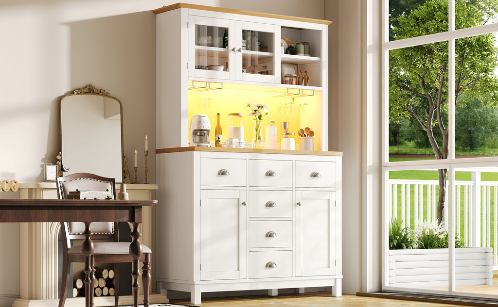 Sideboard / Storage Cabinet / Kitchen Cabinet / Buffet Cabinet, 104x40x180cm, Farmhouse Style, 5 Doors, with LED Light Strip & Drink Holders, Green/White