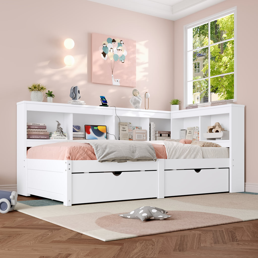 3ft Single L-Shape Daybed with Two Storage Drawers and Bookcase Storage, Modern Bed Frame with Charging Station, Wood Bed for Living Room/ Bedroom/ Study Room, 90X190cm, White (No Mattress)