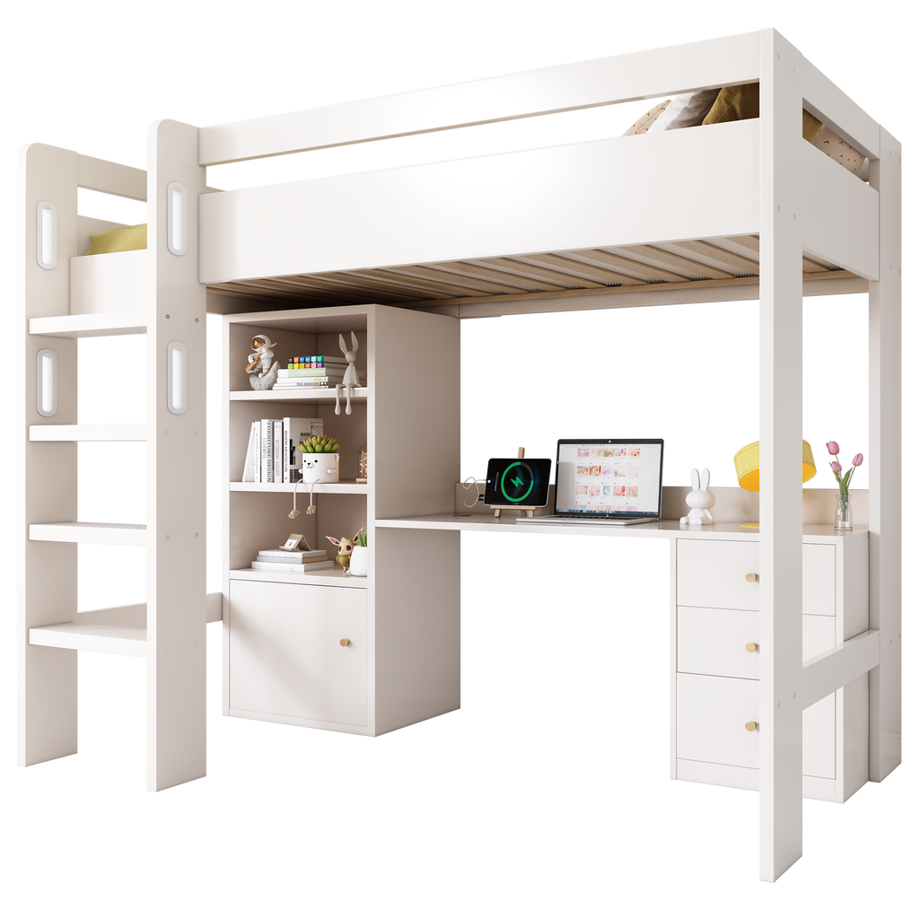 Kids' High Sleeper Bunk Bed with USB-C Desk, Bookshelf & Filing Cabinet, 90 x 190 cm Children's Loft Bed with Stairs & Storage Space, All-in-One Single Bed Frame with Slatted Frame, No Mattress