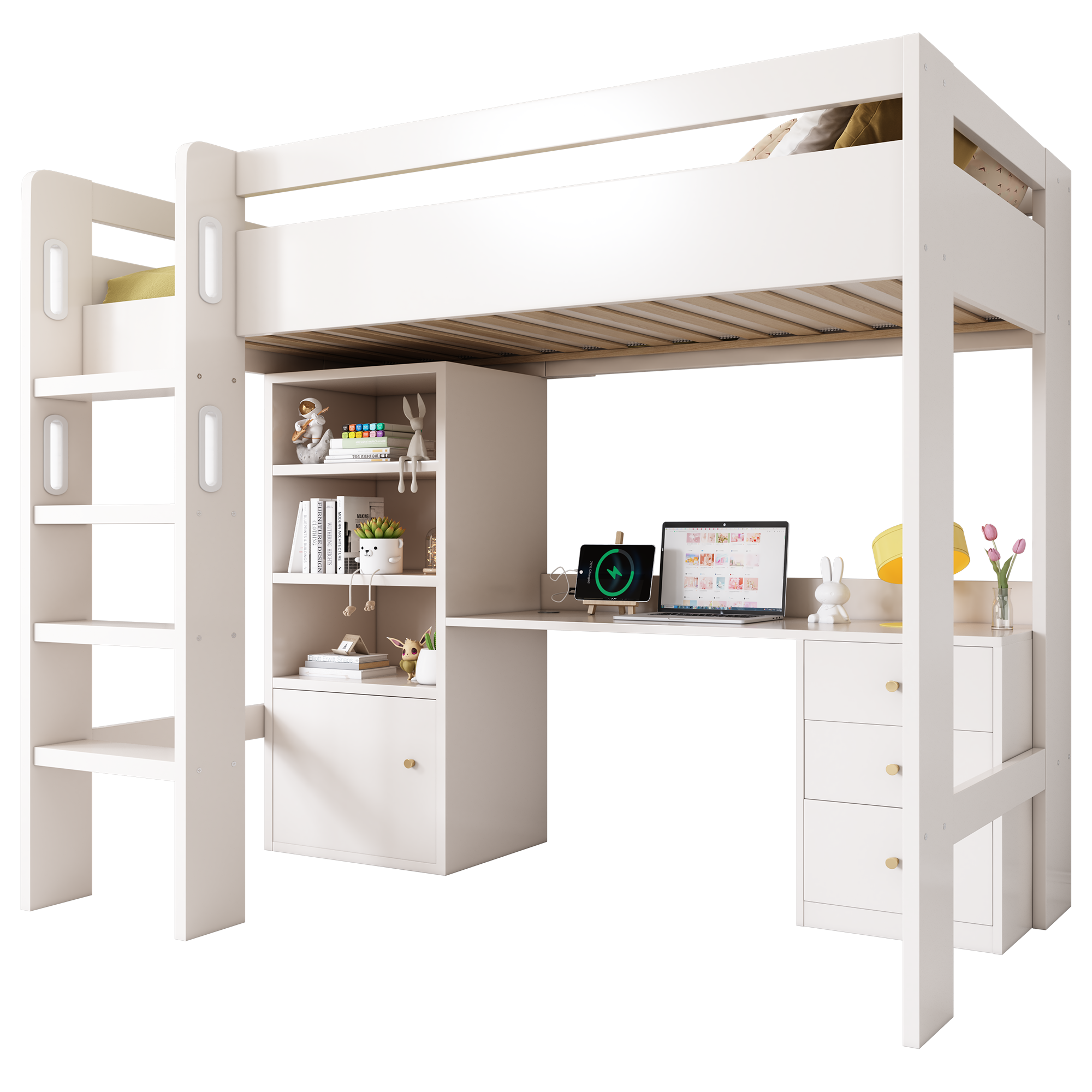 Kids' High Sleeper Bunk Bed with USB-C Desk, Bookshelf & Filing Cabinet, 90 x 190 cm Children's Loft Bed with Stairs & Storage Space, All-in-One Single Bed Frame with Slatted Frame, No Mattress