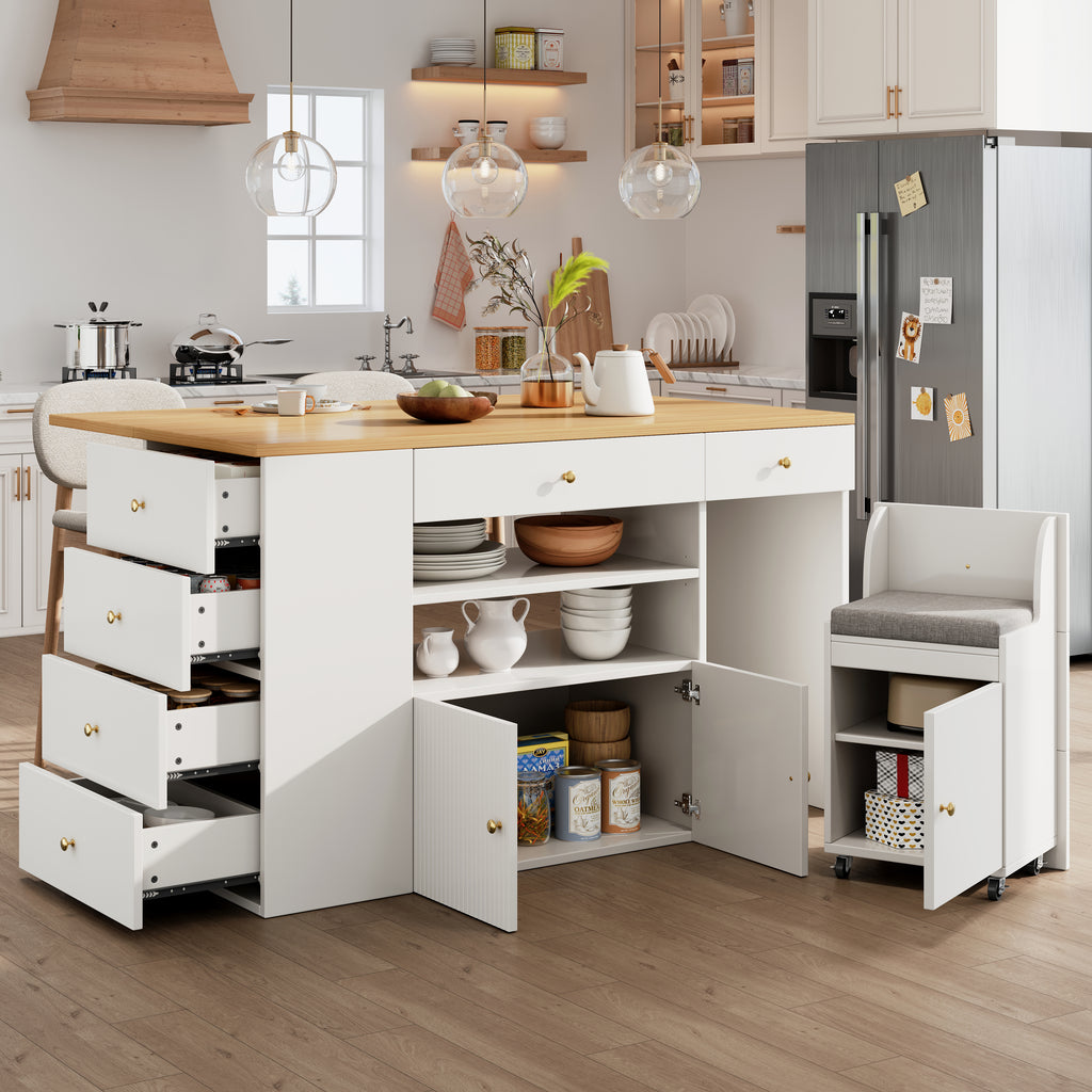 Adjustable Kitchen Island with Bar Stools - Sideboard & Cabinet with 6 Drawers, Width 140-70cm, White/Black