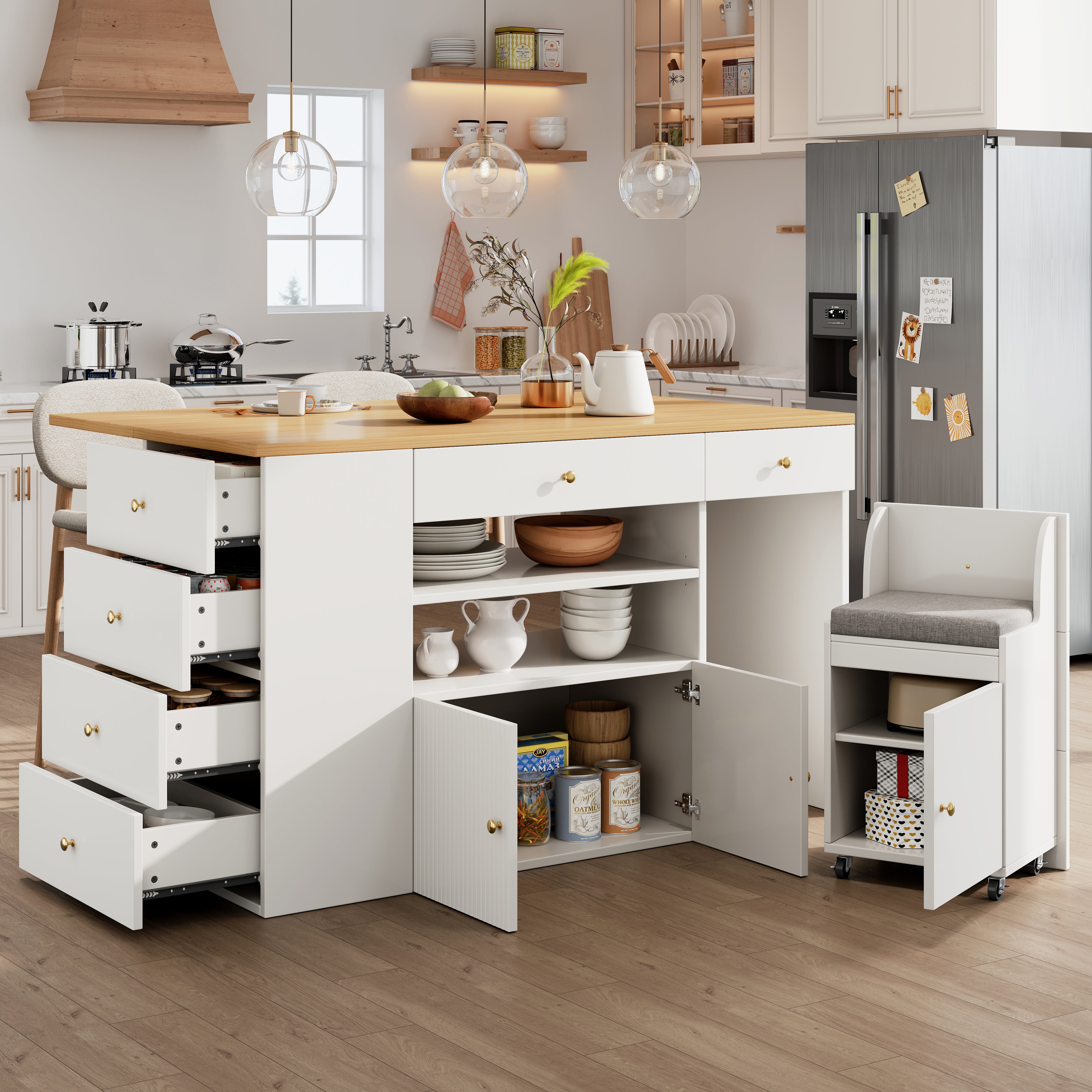 Adjustable Kitchen Island with Bar Stools - Sideboard & Cabinet with 6 Drawers, Width 140-70cm, White/Black