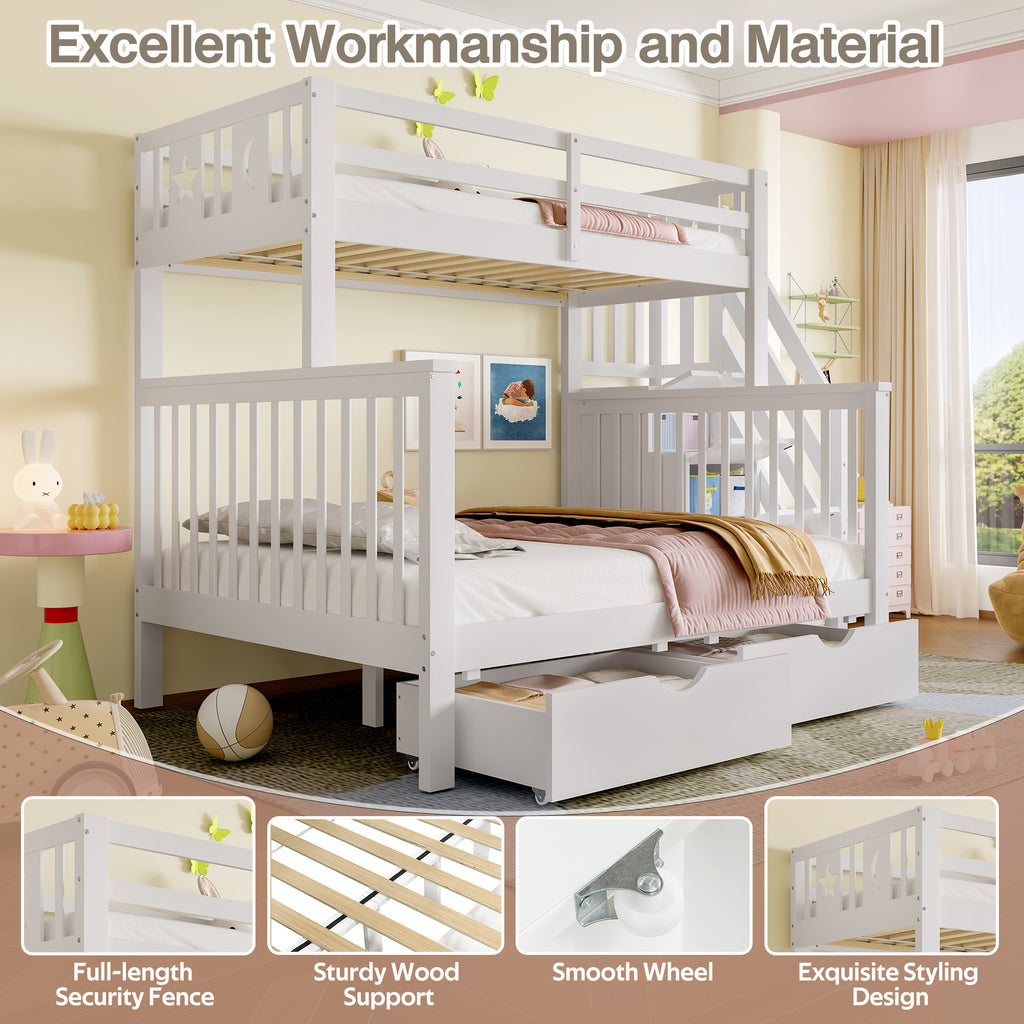 Bunk Beds for Kids, Double High Sleeper Bed Frame with Storage and Guardrail, Space-Saving Design with Drawer Storage, Children Cabin Bed with Storage Stair for Bedroom, Dorm, White (No Mattress)