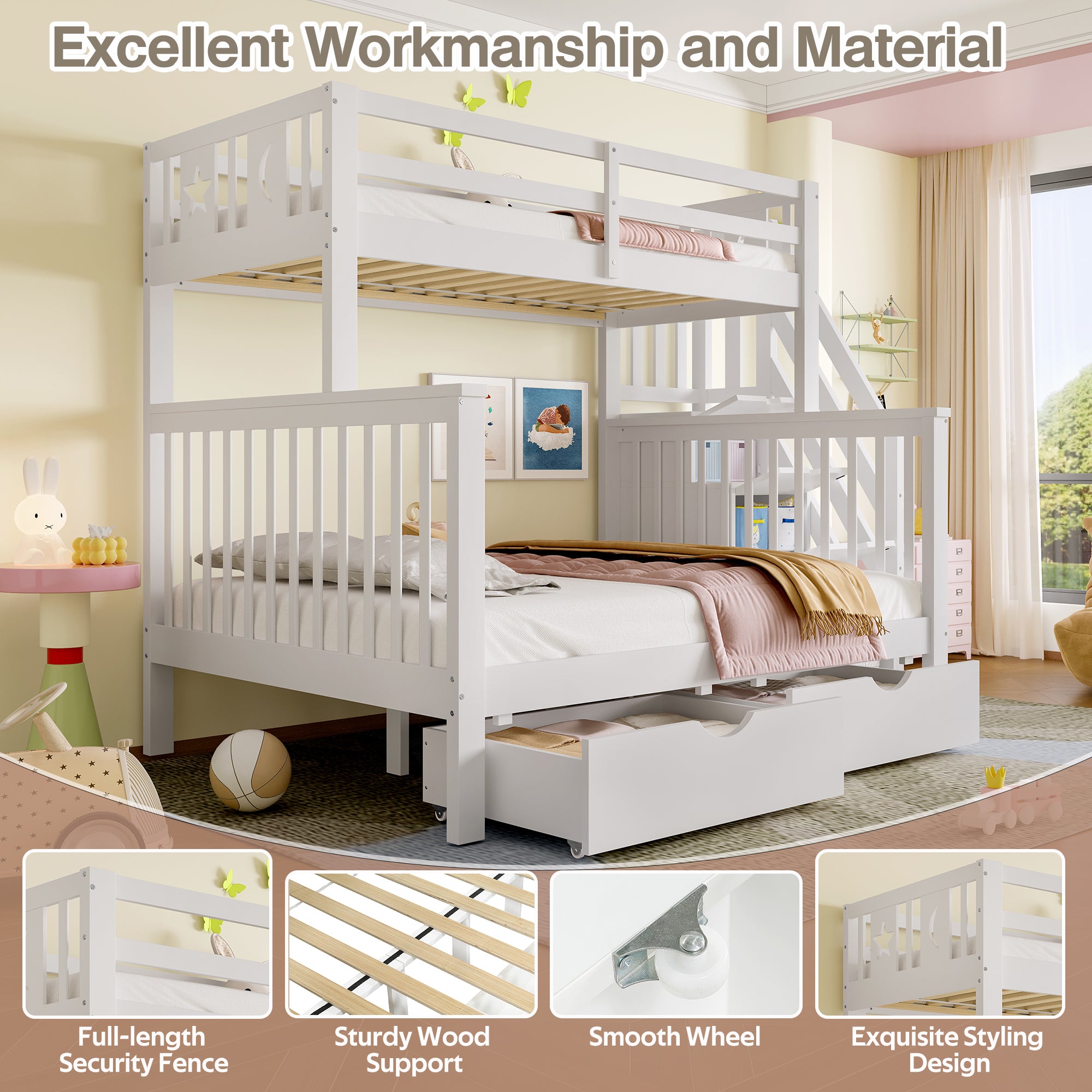 Bunk Beds for Kids, Double High Sleeper Bed Frame with Storage and Guardrail, Space-Saving Design with Drawer Storage, Children Cabin Bed with Storage Stair for Bedroom, Dorm, White (No Mattress)