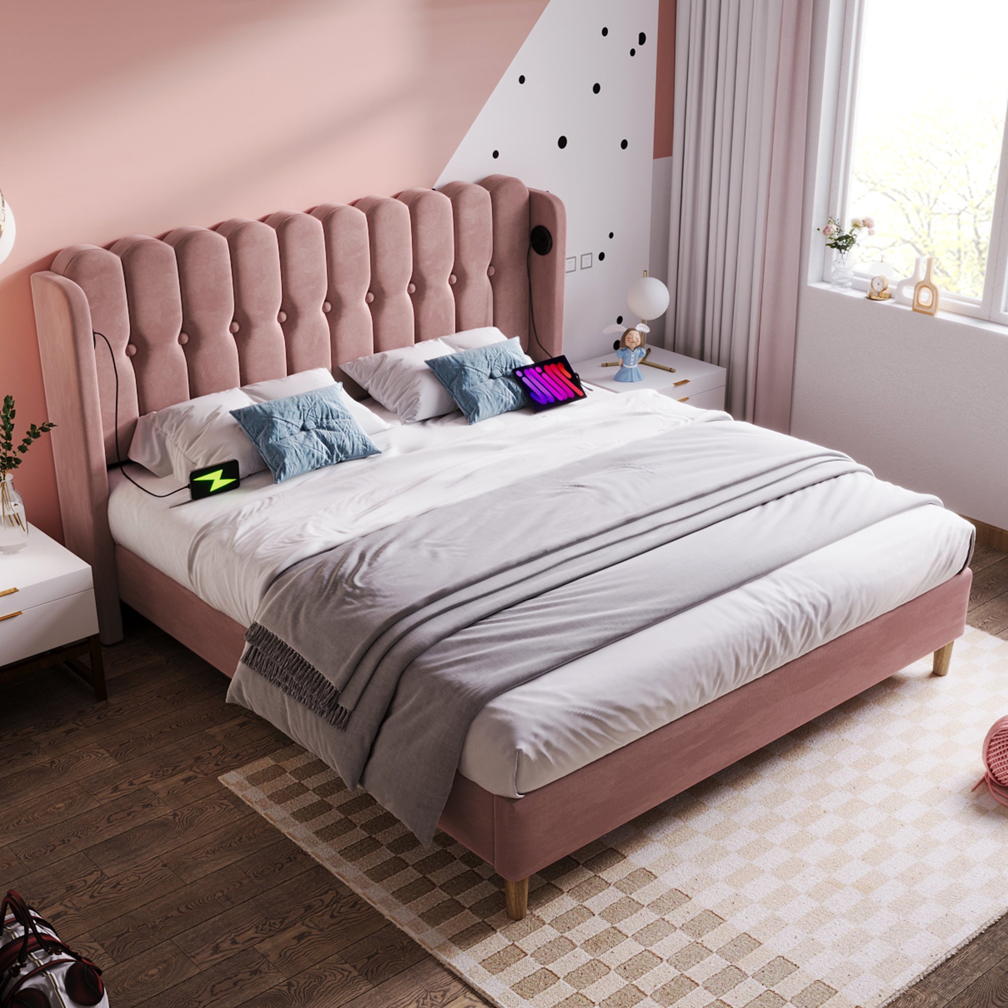 Upholstered Double Bed with USB and Type-C Charging, Bed Frame with Wooden Slatted Frame, Teenager Bed for Bedroom & Guest Room, 4ft6 135 x 190 cm Bed Frame, Pink, Velvet Material (No Mattress).