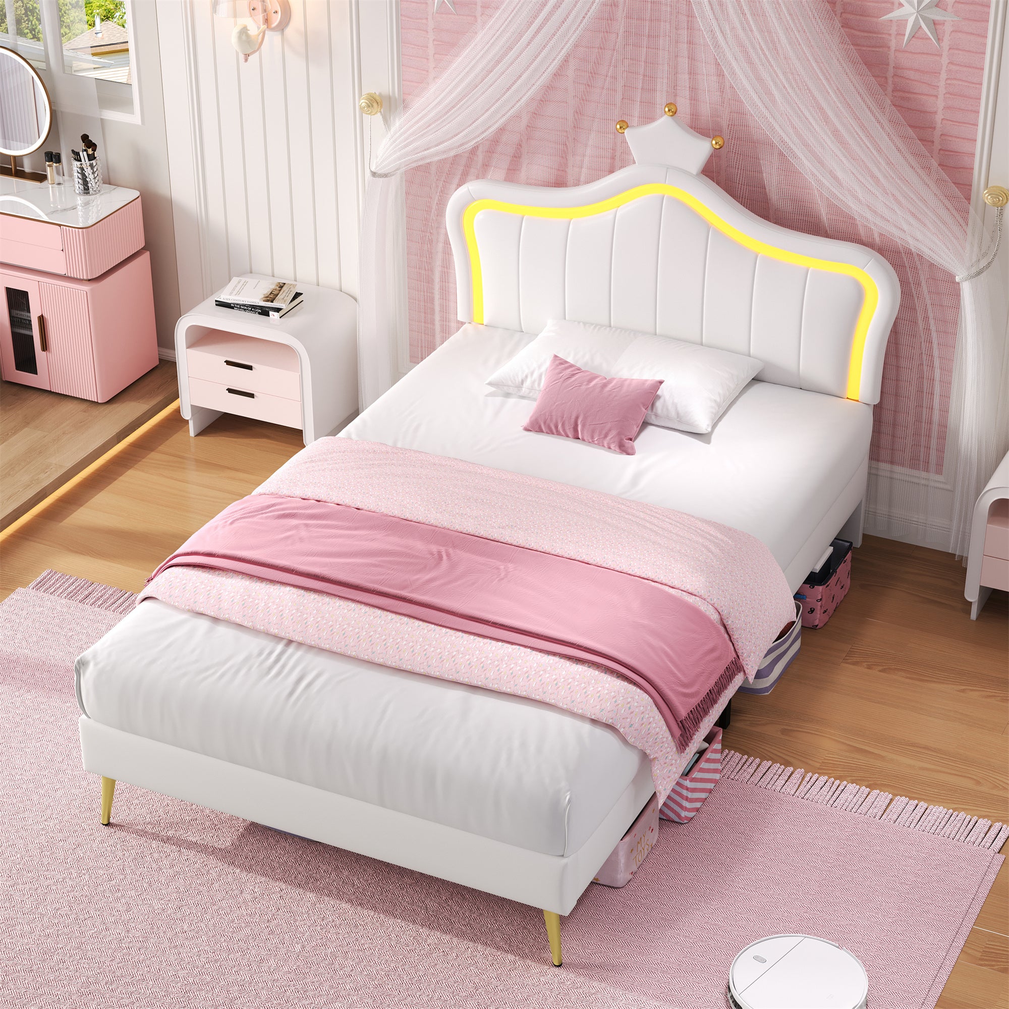 3ft Single Upholstered Bed with LED Adjustable Crown Shape Headboard, PU Leather Bed Frame with Solid Wood Slat, No Box Spring Needed, Easy Assembly, Cream White (No Mattress)