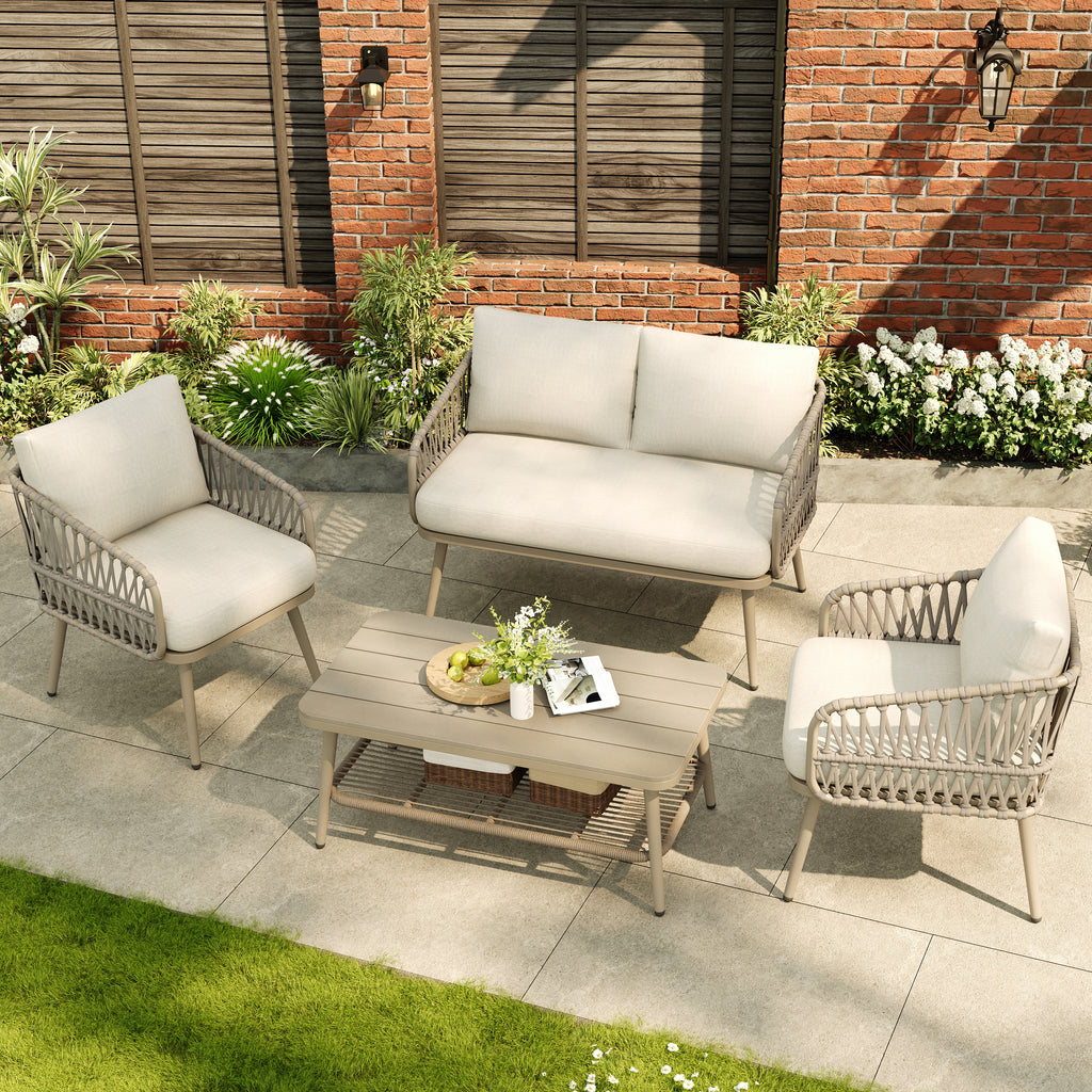 4 Seater Garden Set with Plastic Wood Storage Coffee Table, Polyester Rope Outdoor Set with Sofa and Armchairs, Weatherproof Outdoor Patio Sofa for Balcony and Terrace, Linen, Beige