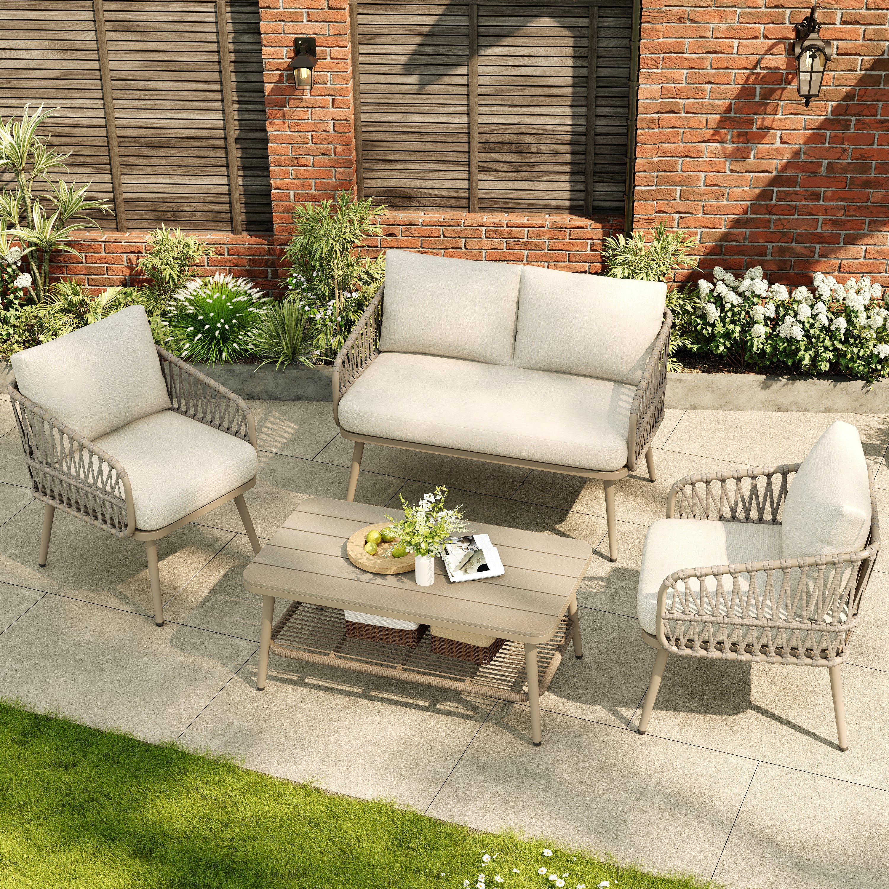 4 Seater Garden Set with Plastic Wood Storage Coffee Table, Polyester Rope Outdoor Set with Sofa and Armchairs, Weatherproof Outdoor Patio Sofa for Balcony and Terrace, Linen, Beige