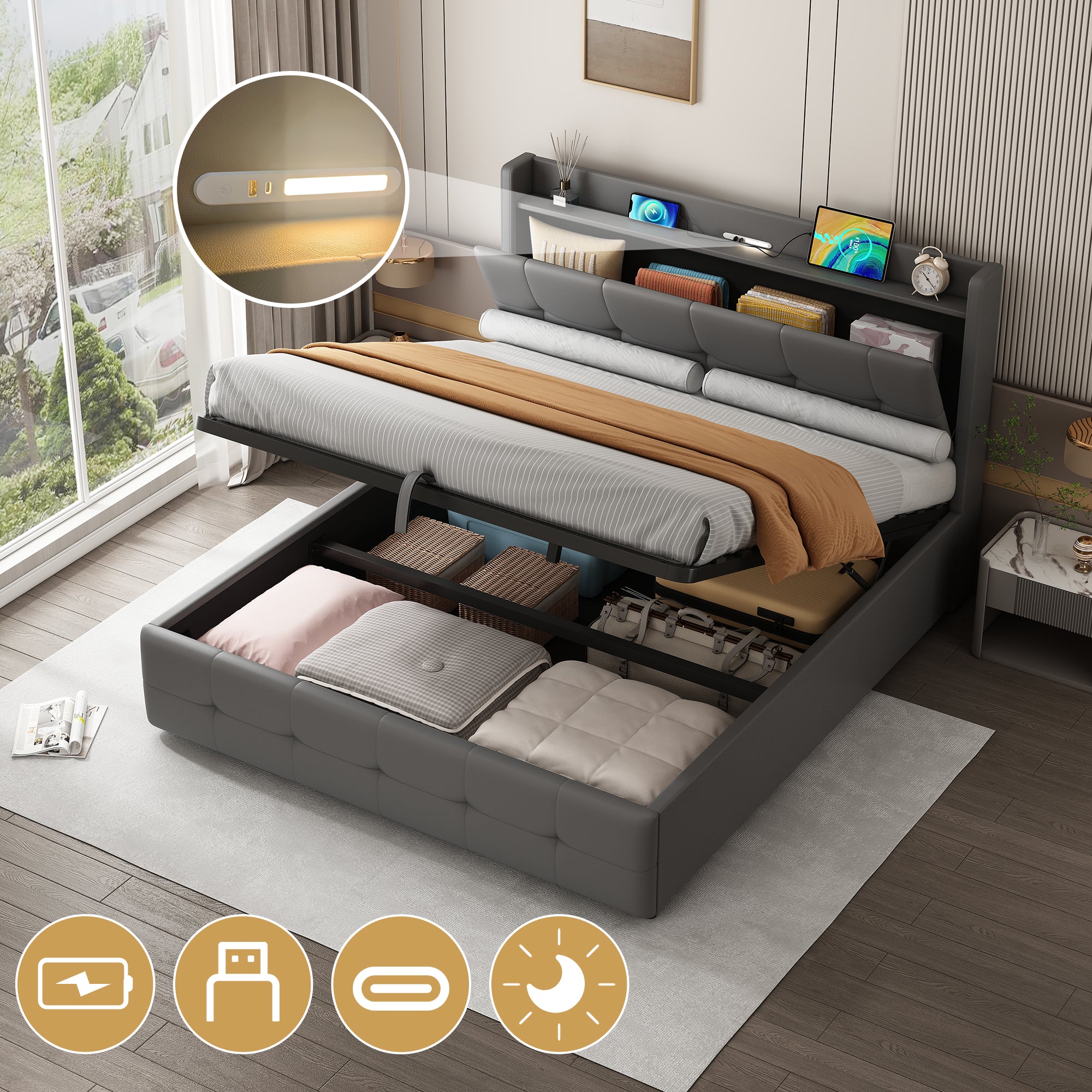 4ft6 Double Upholstered Bed Frame with Hydraulic Storage, PU Leather Ottoman Bed with Concealed Headboard Storage, Double Bed with Charging Station and LED Night Light,  Grey