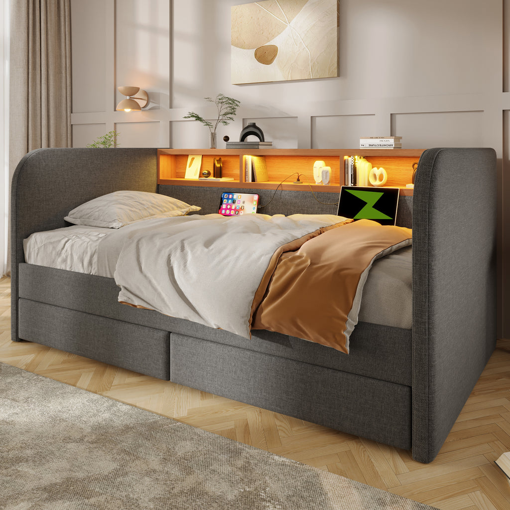 Upholstered Daybed with Headboard Storage, 90 x 190 cm Single Sofa Bed with LED and USB Type-C Reading Light, 3FT Daybed with 2 Drawers, Linen, Grey (Without Mattress)