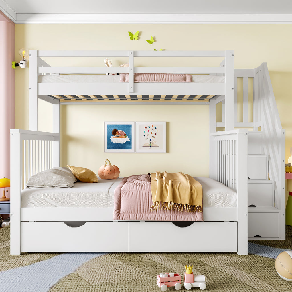 Bunk Beds for Kids, Double High Sleeper Bed Frame with Storage and Guardrail, Space-Saving Design with Drawer Storage, Children Cabin Bed with Storage Stair for Bedroom, Dorm, White (No Mattress)