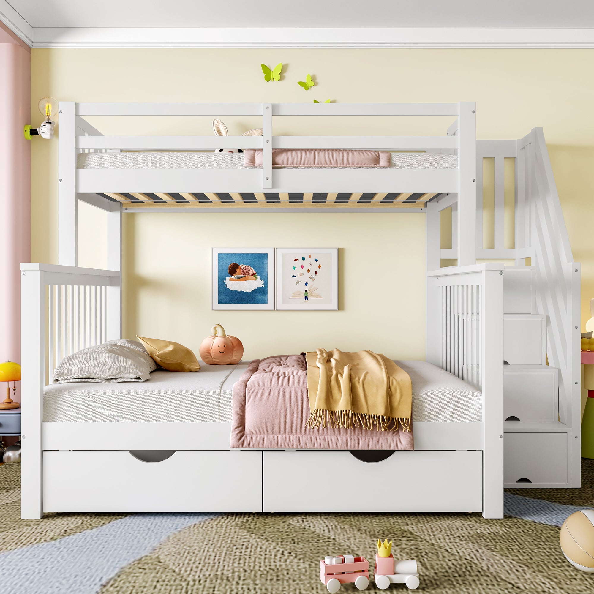 Bunk Beds for Kids, Double High Sleeper Bed Frame with Storage and Guardrail, Space-Saving Design with Drawer Storage, Children Cabin Bed with Storage Stair for Bedroom, Dorm, White (No Mattress)