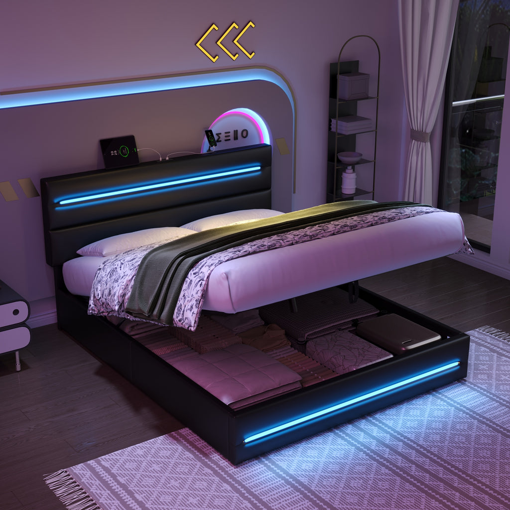 4ft6 Double Upholstered Bed Frame with Hydraulic Storage, PU Ottoman Bed with LED Lighting and Charging Station, LED Adjustable Headboard with USB and Type - C Ports, Black (No Mattress)