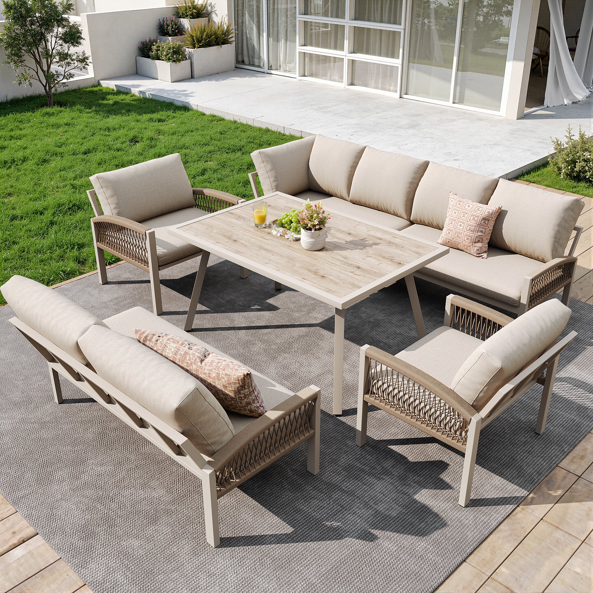 Garden Lounge Set, Furniture Set for 8 People, Ropework, Large Table with Wood Grain Finish, Galvanized Iron Frame, Adjustable Legs, All Seat and Back Cushions Included, Beige