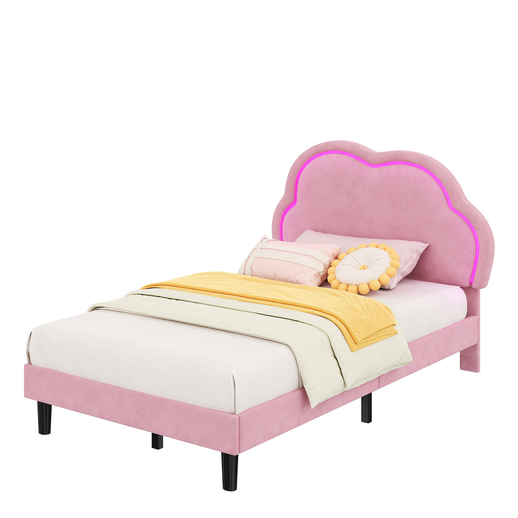 3ft Single Upholstered Bed with LED Adjustable Cute Cloud Headboard, Soft Velvet Bed Frame with Solid Wood Slat, No Box Spring Needed, Easy Assembly, Pink (No Mattress)