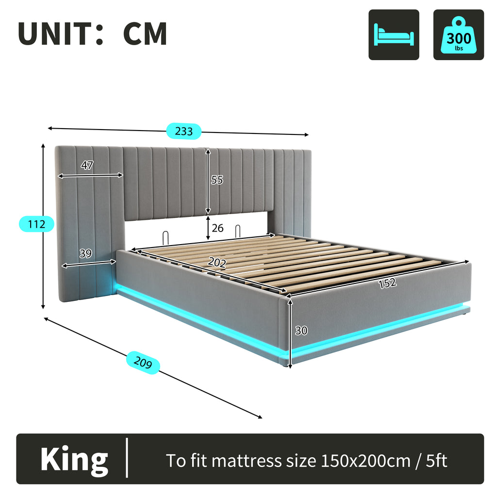 King Ottoman Bed with LED Lighting, Velvet Hydraulic Storage Bed with Charging Station, 5ft King Bed Frame Channel Tufted with Wide Headboard, USB and Type - C Ports, Grey (No Mattress)