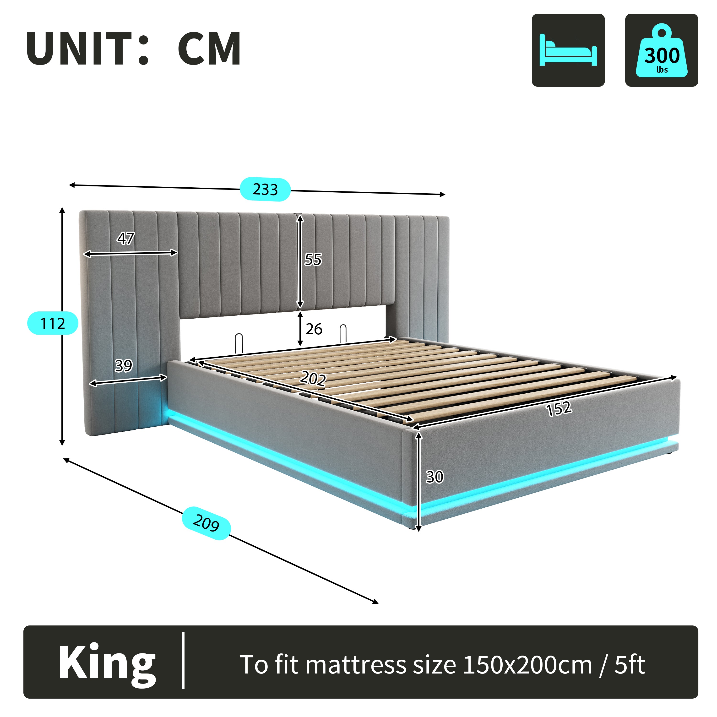 King Ottoman Bed with LED Lighting, Velvet Hydraulic Storage Bed with Charging Station, 5ft King Bed Frame Channel Tufted with Wide Headboard, USB and Type - C Ports, Grey (No Mattress)