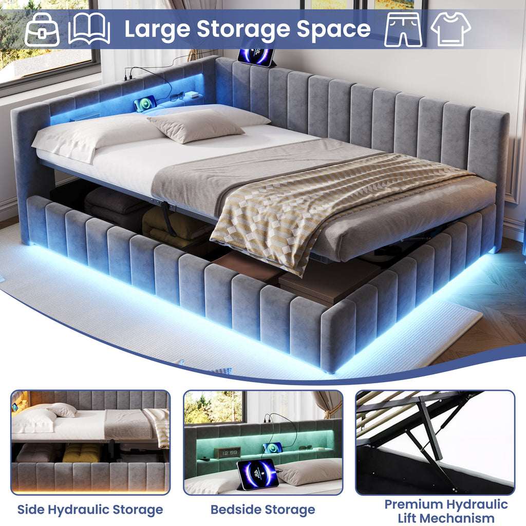 4ft6 Double Velvet Side Hydraulic Storage Bed with Smart RGB LED Lights & Charging Station, Side Opening Ottoman Bed Frame with Type-C & USB Ports, Channel Tufted, Grey(No Mattress)