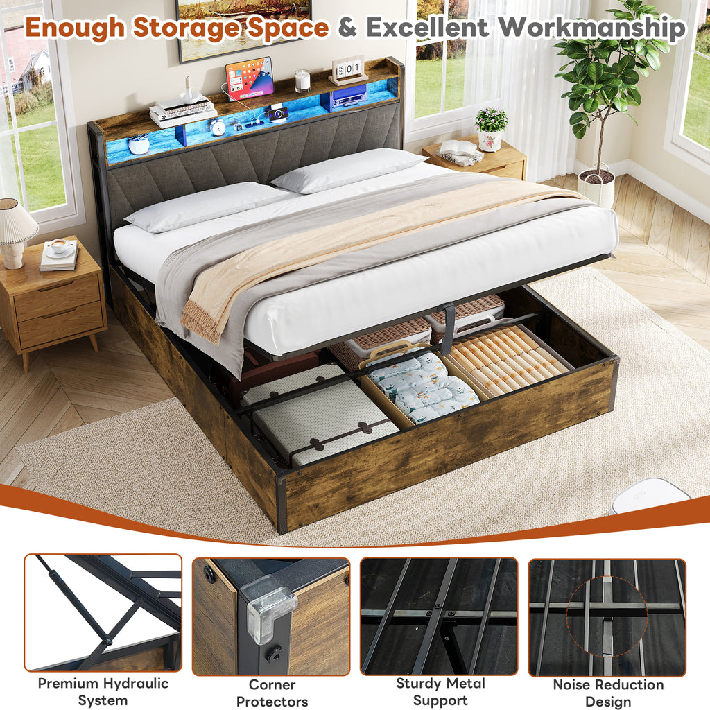 5ft King Bed Frame with Hydraulic Storage, RGB LED Storage Headboard with Charging Station, USB and Type-C Ports, No Box Spring Needed, Easy Assembly, Black+Walnut (No Mattress)