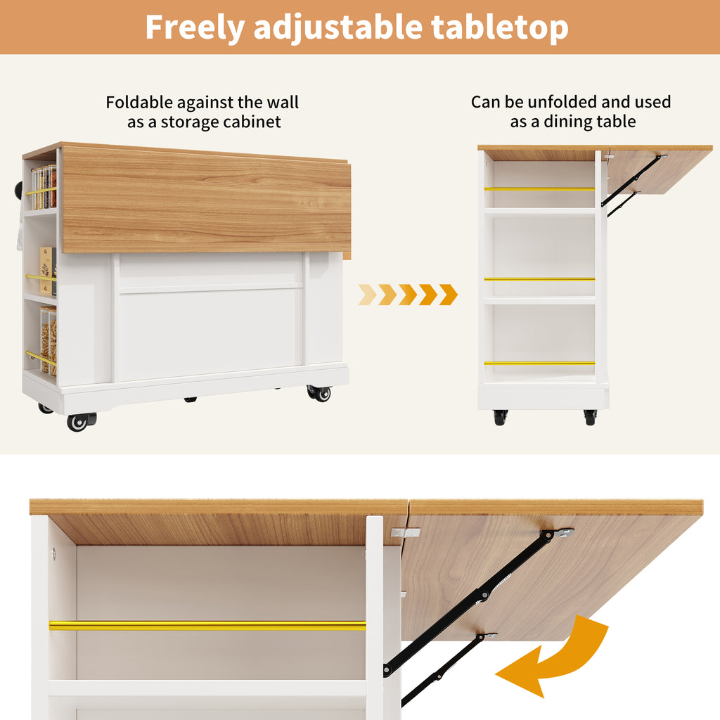Kitchen Island on Wheels, Rolling Island Cart with 2 Drawers and Double-Sided Storage Racks, Storage Cabinet with Foldable Worktop, Mobile Carts, Portable Trolley for Home and Kitchen, White