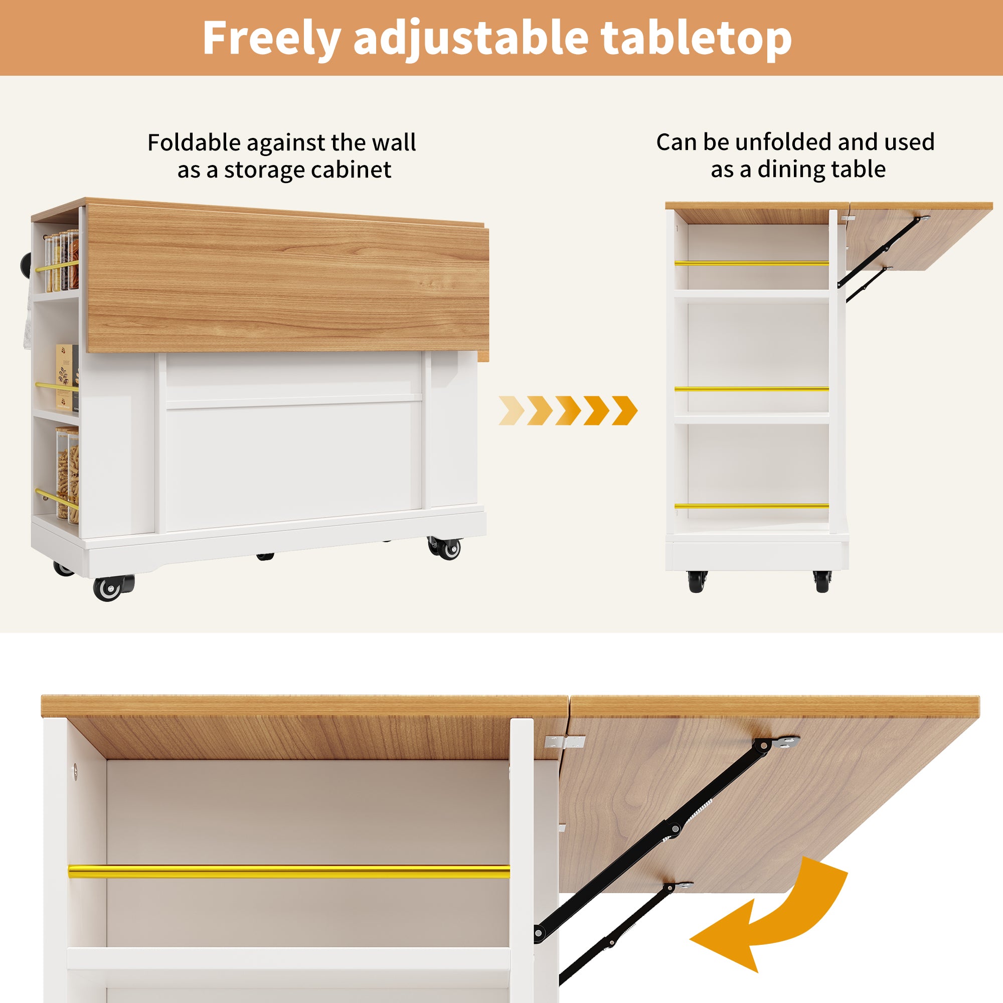 Kitchen Island on Wheels, Rolling Island Cart with 2 Drawers and Double-Sided Storage Racks, Storage Cabinet with Foldable Worktop, Mobile Carts, Portable Trolley for Home and Kitchen, White