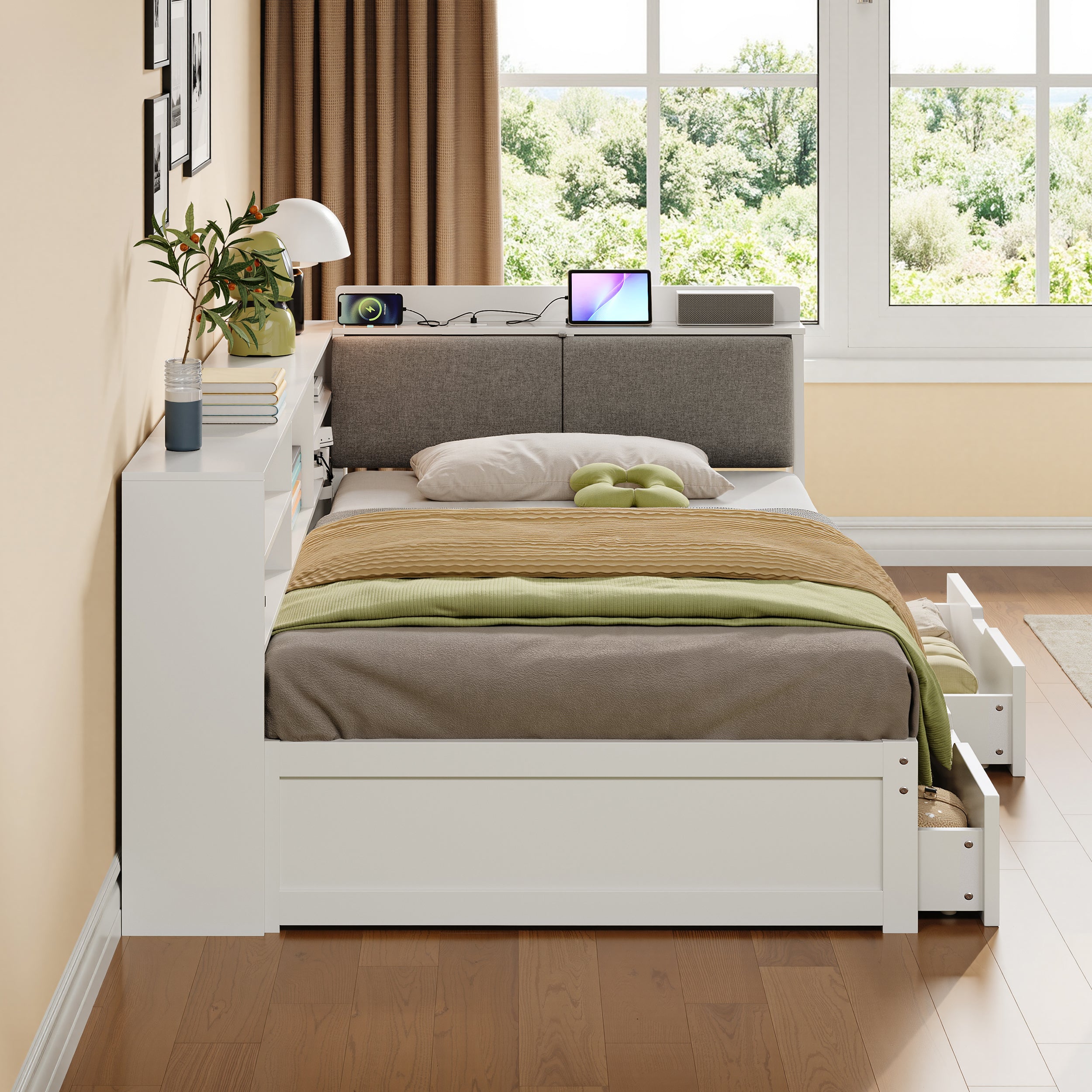3ft Single L-Shape Daybed with Two Storage Drawers and Bookcase Storage, Linen Concealed Headboard Storage with Charging Station, Wood Bed for Living Room/ Bedroom/ Study Room, White (No Mattress)