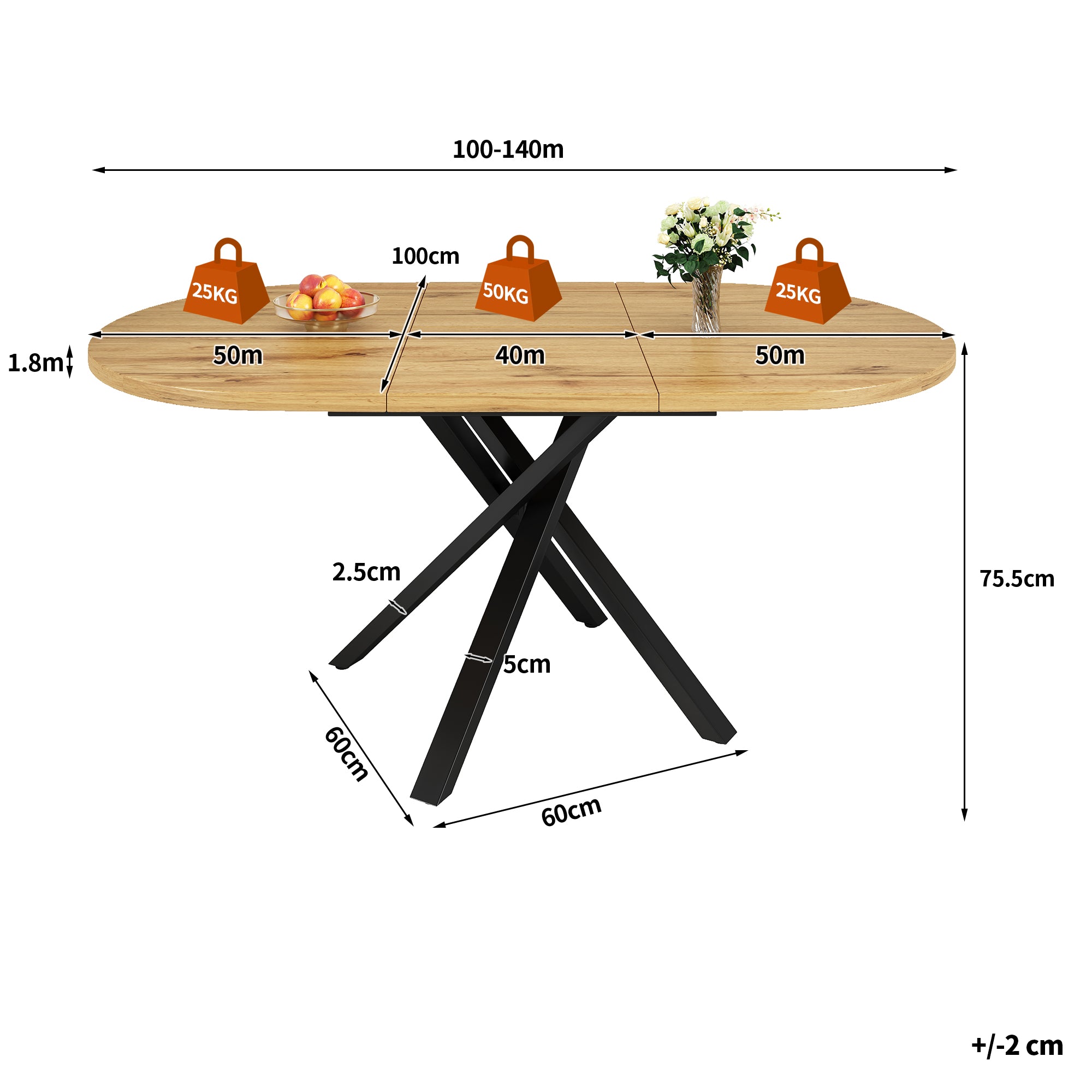 Extendable dining table 100-140cm, round-oval table, stable X-metal frame, adjustable feet, wood look